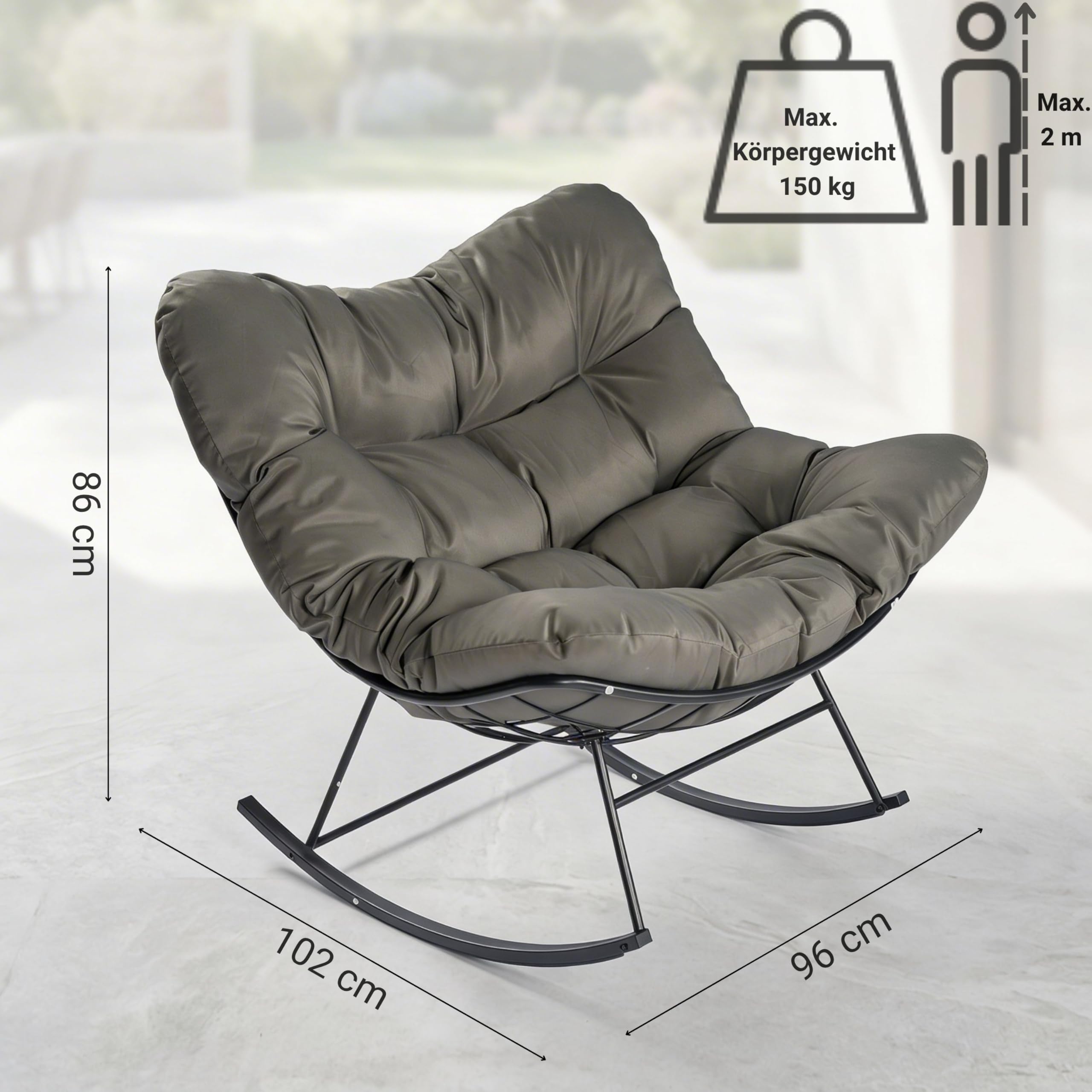 novaterra® Moderner Schaukelstuhl mit großem Komfort Kissen – ergonomischer Relax Schaukelstuhl hochwertig, gepolstert & ideal für den Garten, Lesen & Entspannen