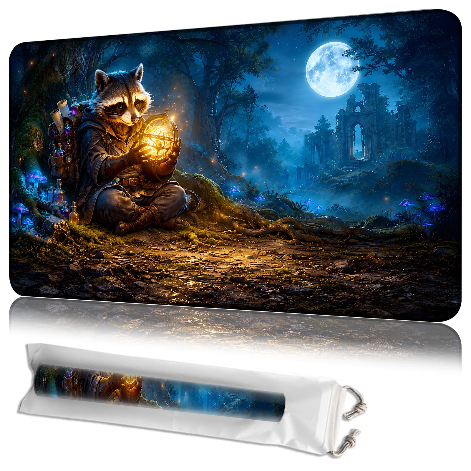JANENFNA MTG Playmat with Storage Bag, Moonlit Forest Sorcerer Raccoon, 24 x 14 Inch Stitched Non Slip Rubber Trading Card Game Mat, 2mm Thick Tabletop Mat for Card Games — image 1
