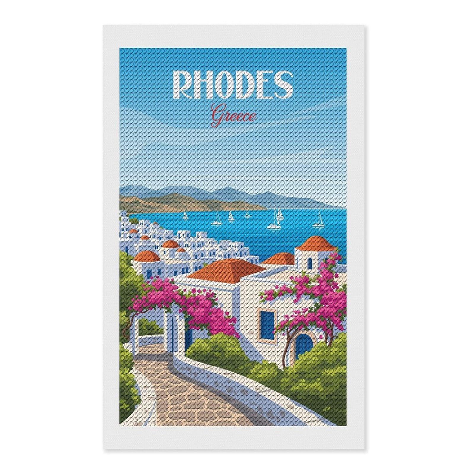 Junmoney Rhodes Greece Diamond Art Canvas 12"x20", Decorate Your Room, Mindful Craft Activity, Cosy Home Accent, Thoughtful Handmade Gift