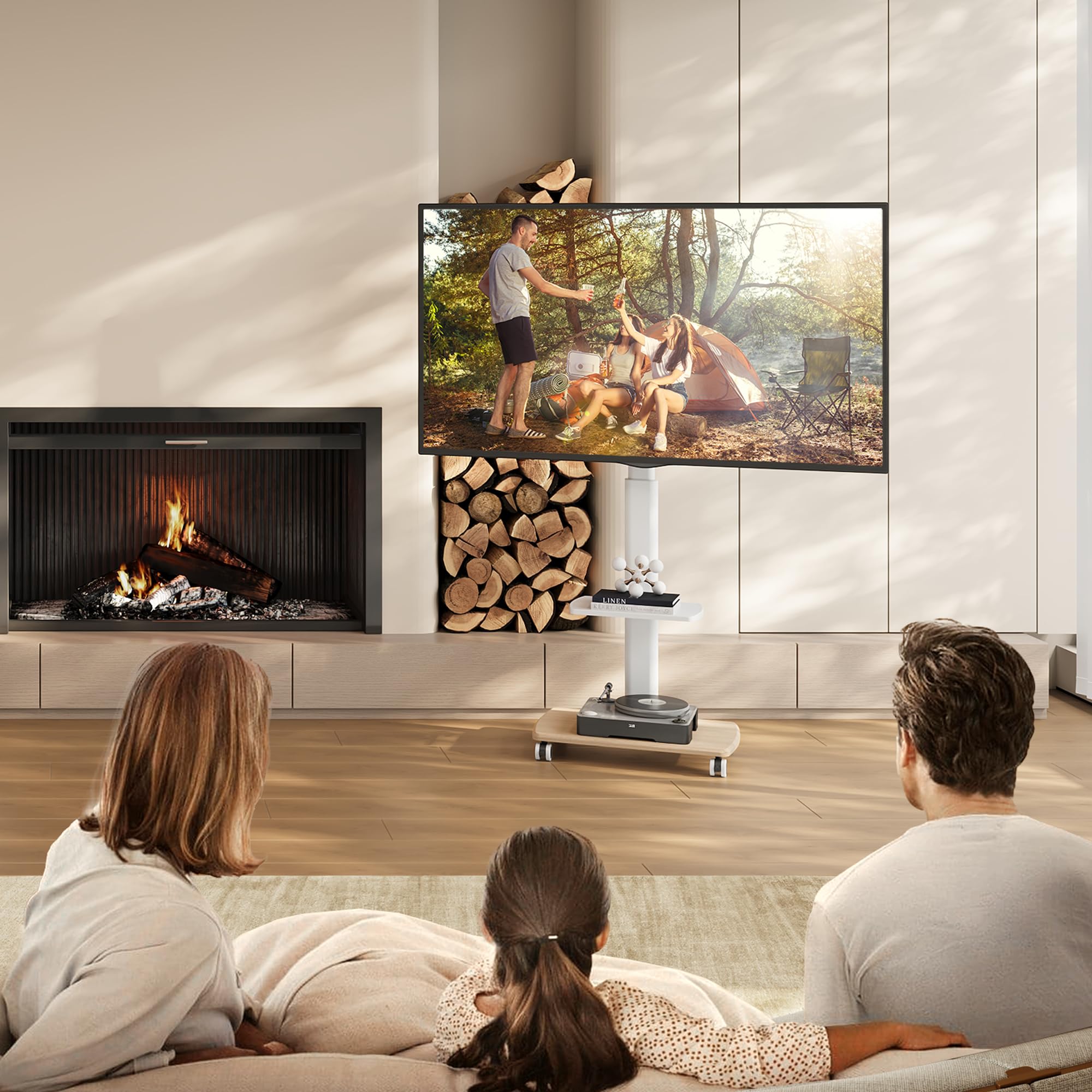 FITUEYES Support TV roulettes avec Pied en Bois de 20 MM pour TV de 32 à 70 Pouces,Support Television sur Pied Pivotant 60° et 6 Réglages de Hauteur jusqu'à 40 KG,Max VESA 600 x 400 MM