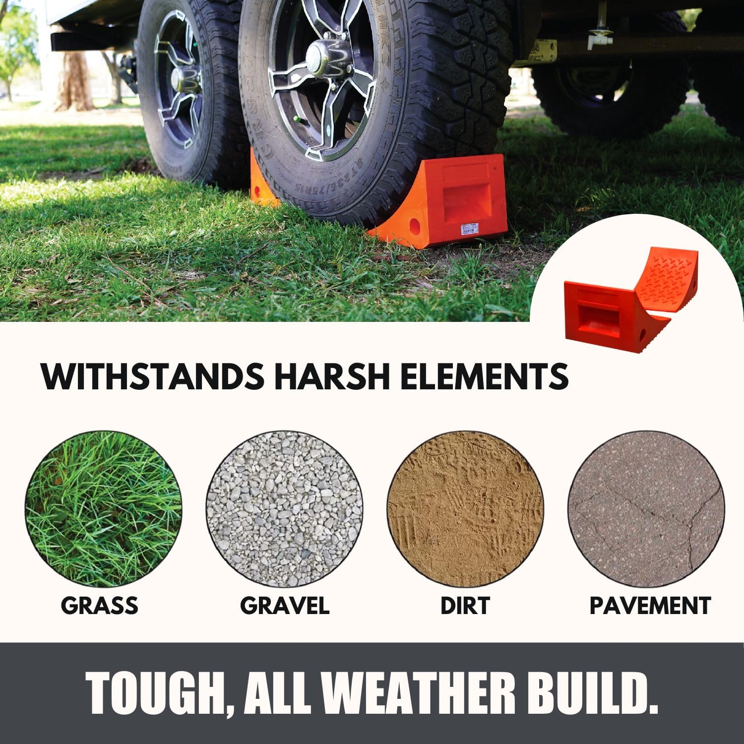 SECURITYMAN 4 Pack Wheel Chocks - Constructed of Heavy Duty Solid Polyurethane Rubber for 20,000 lbs - Great for RV, Camper, Truck, Travel Trailer Wheel Chocks - All Surfaces and All Weather - Orange