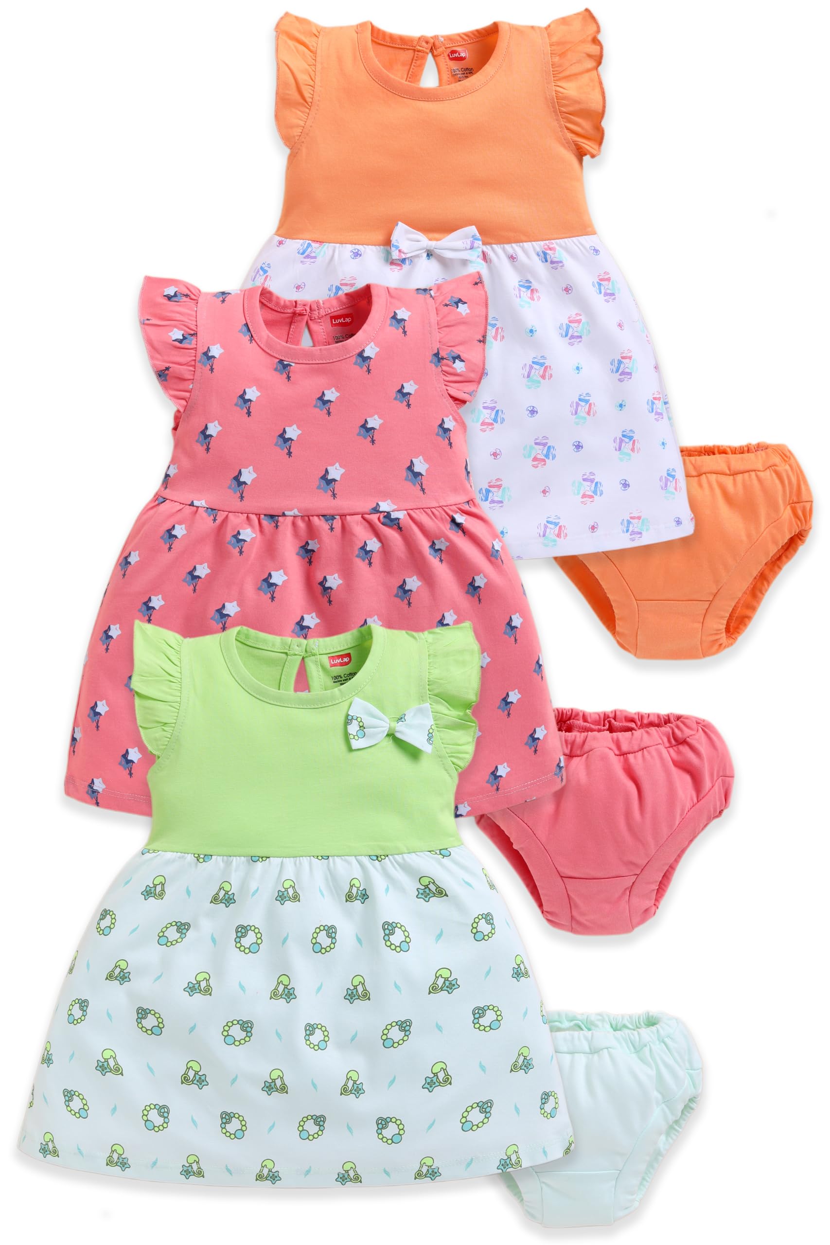 luvlap Baby Girls Regular Fit 100% Cotton Half Sleeve Girls Knee Length Frock Pack of 3-picture-21