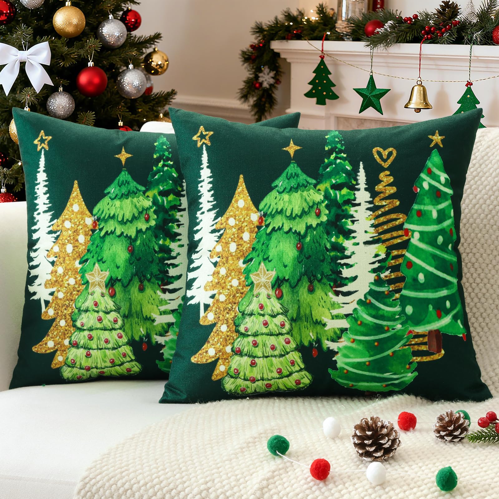 Set 2 Federe Cuscini Natalizi – 30.5x50.8 Cm, Rosse Con Albero Di Natale E Fiocchi Di Neve
