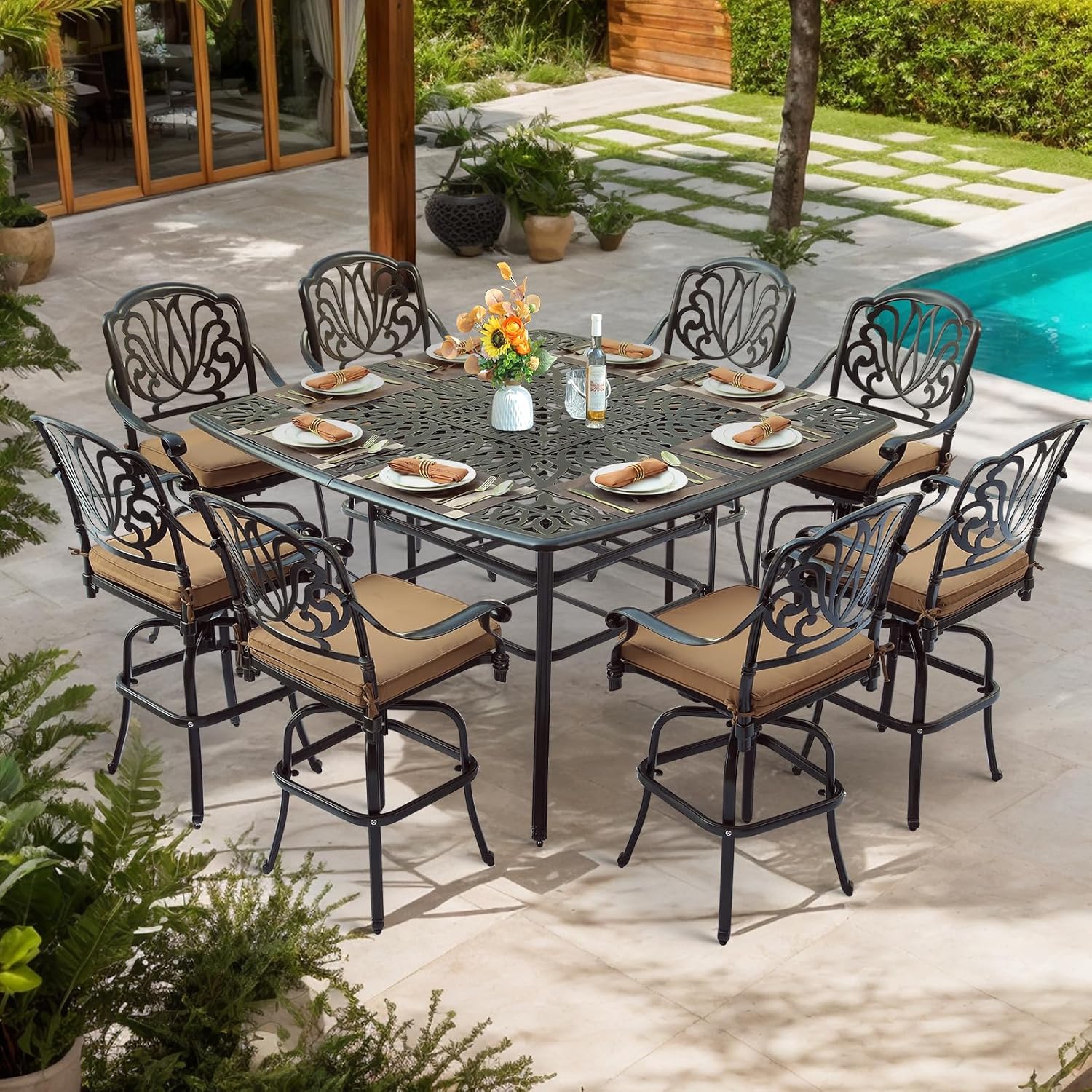 MEETWARM Patio High Bar Dining Table for 8 Person, All Weather Cast Aluminum 64" Large Square High Top Dining Table with 2.2" Umbrella Hole, Patio Bar Height Table for Garden Deck Backyard,Dark Bronze