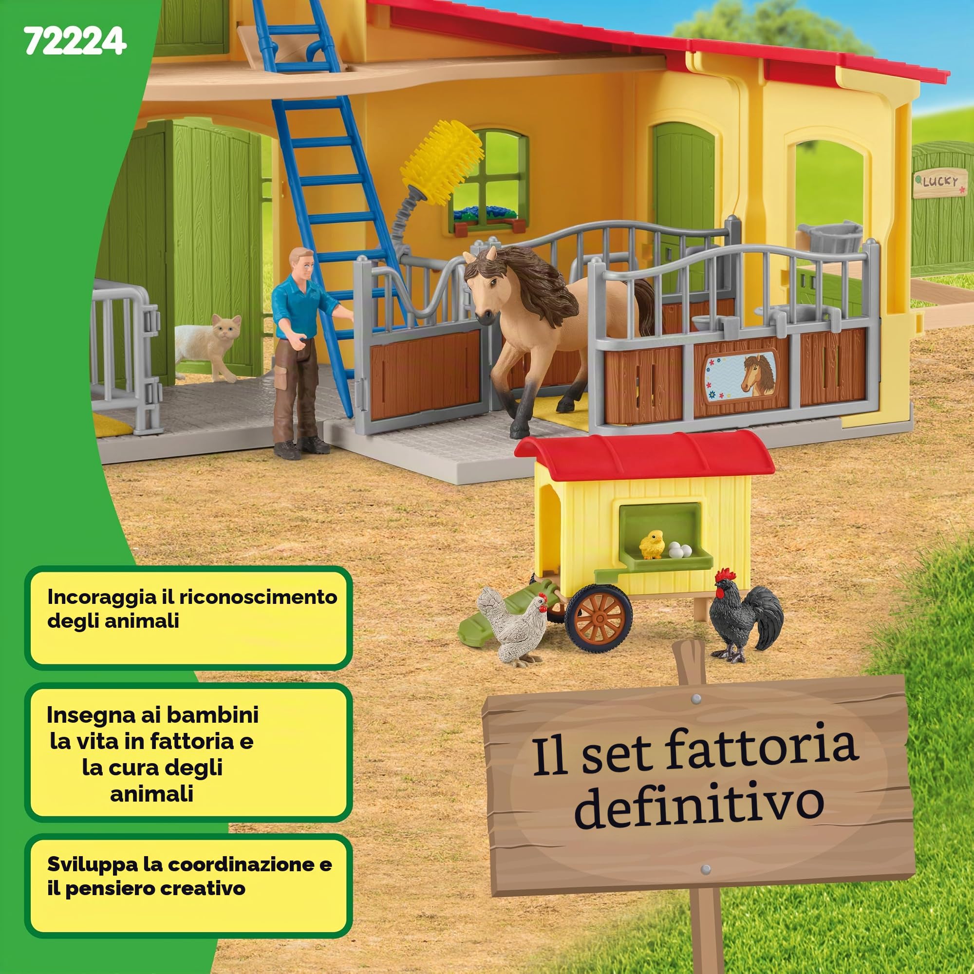 Schleich FARM WORLD | Fattoria con pollai e scatola per cavalli 72224 | set con personaggi, numerose funzioni e tanti accessori | figure realistiche di animali | set da gioco dai 3 anni | 123 pezzi