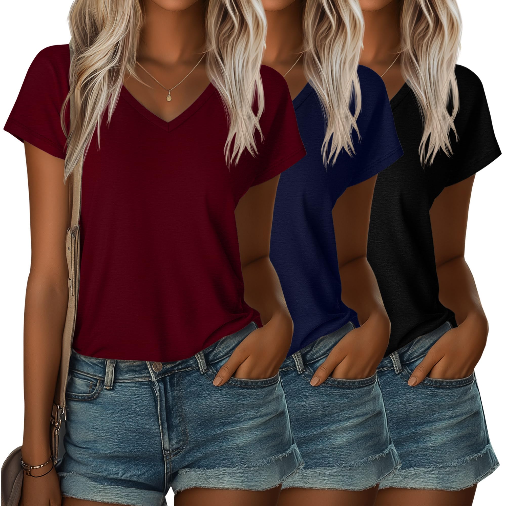 Ficerd 3 Pack Women's V Neck T Shirts Cap Sleeve Top for Summer Casual Short Sleeve 2026 Trendy Basic Tees