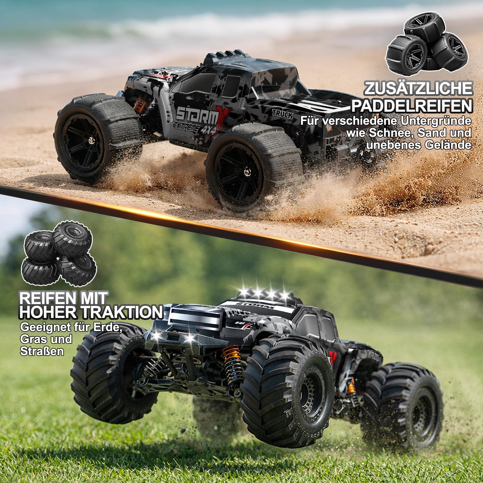 Ferngesteuertes Auto All-Terrain 1:14,4WD Offroad RC Monstertruck mit 40 km/h, mit 2 wiederaufladbaren 1300mAh Akkus, 2 Reifensets, RC Auto für Erwachsene & Jungen Geschenk