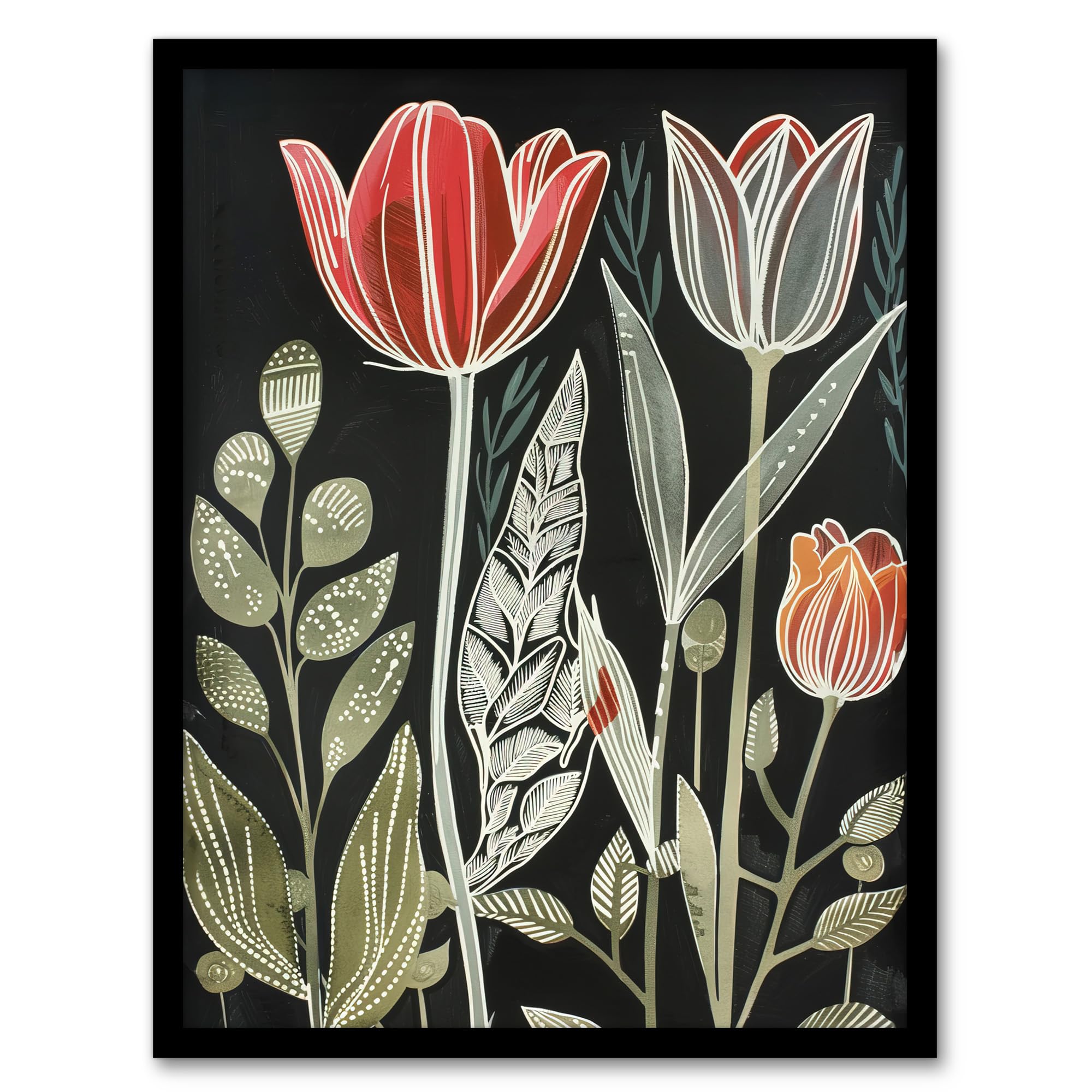 Artery8 Tulip Flower Field Red Green Grey Folk Art Floral Living Room Artwork Framed Wall Art Print 18X24 Inch