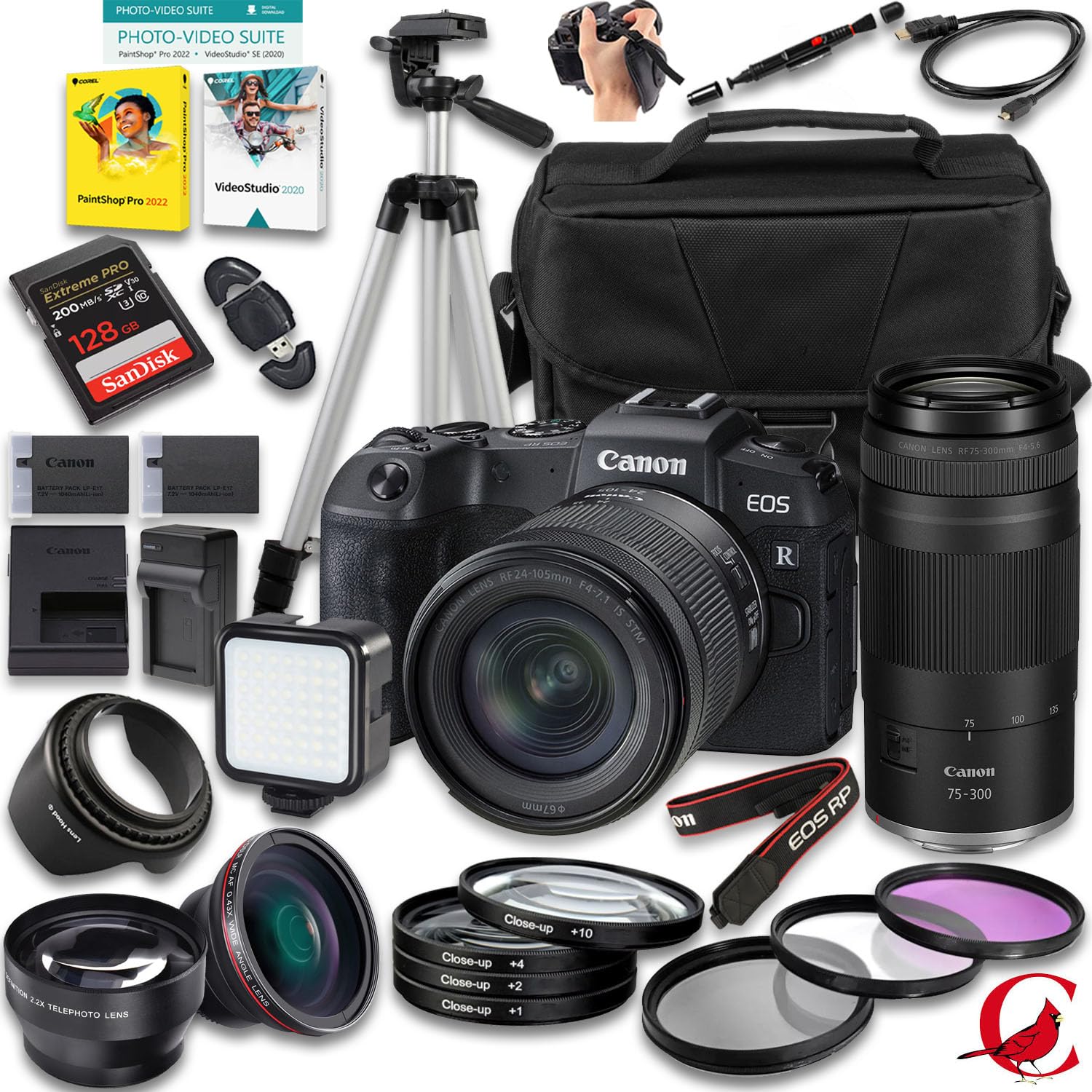 Canon EOS RP Mirrorless Camera with 24-105mm f/4-7.1 and 75-300mm f/4-5.6 Lens + 128 GB Memory + Extra Battery + Camera Case + Tripod + More (30pc Bundle)