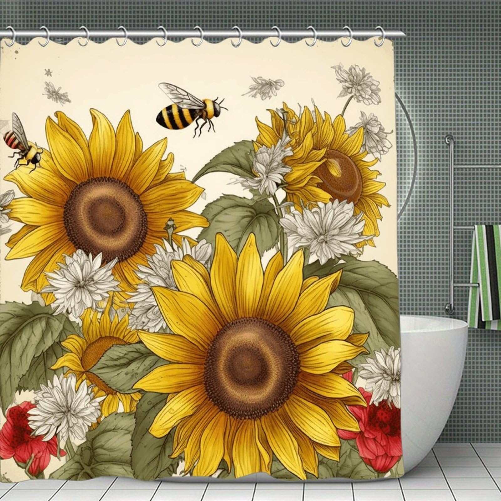 VstaDank Bees Sunflowers Daisy Rose Flowers Shower Curtain Waterproof Bathroom Shower Curtain with C Type Hooks Soft Lightweight Shower Curtains Liner Washable Polyester Cloth Shower Liner 71x71 Inch