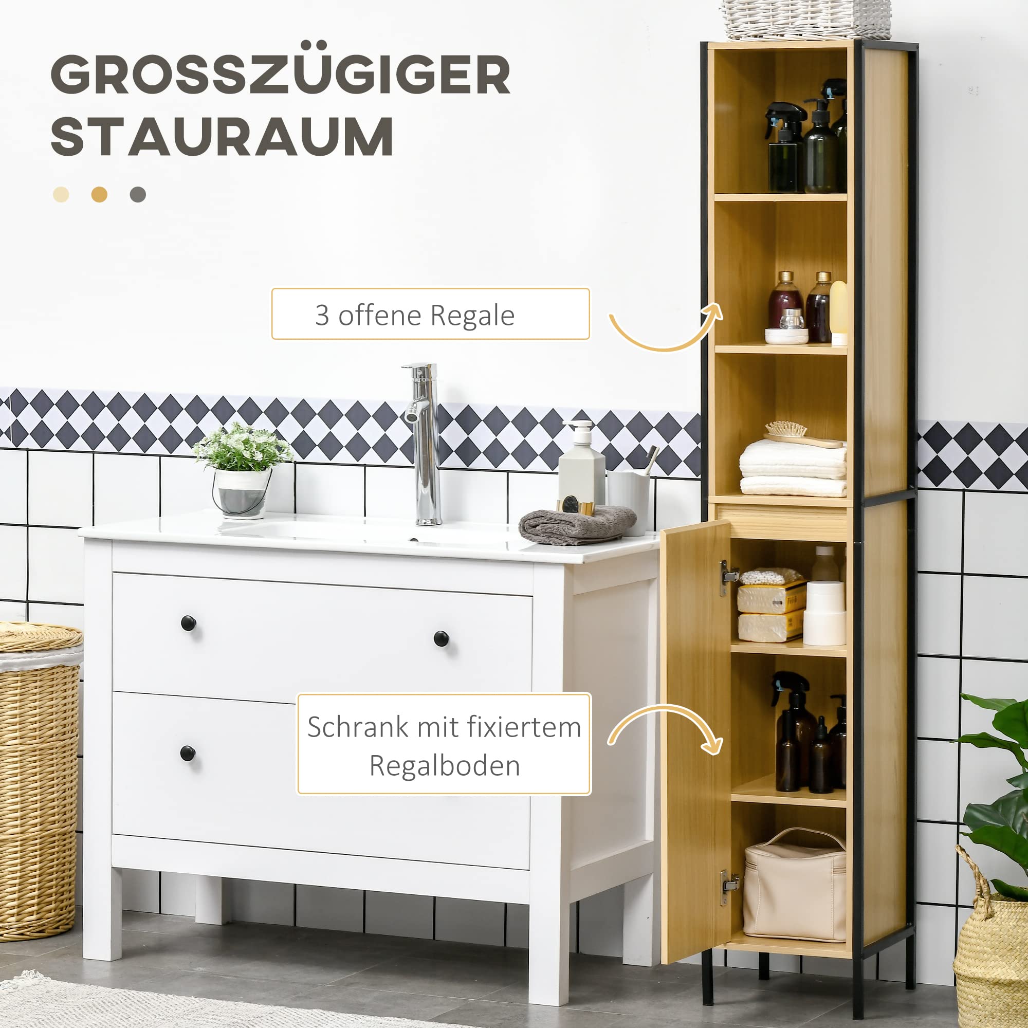 Badkamer Kast Badkamer Kast Met Kast Compartiment, 3 Open Niveaus, Toiletkast Met Kantelbeveiliging Zijkant Voor Badkamer Bamboe Natuur