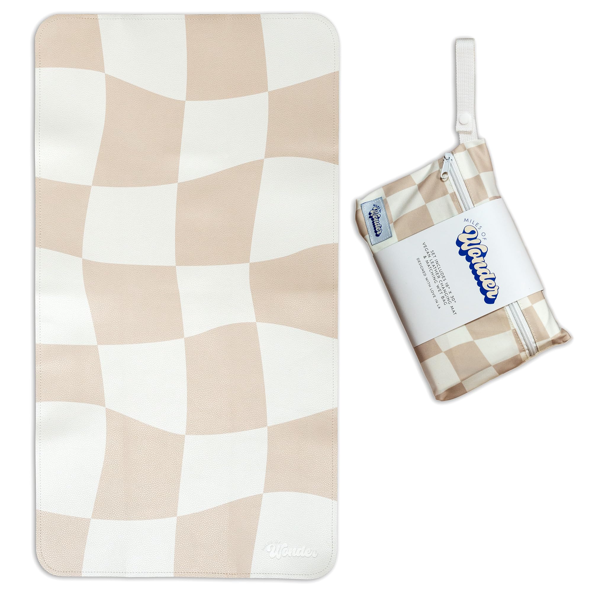 Miles of Wonder Vegan Leather Changing Mat with Reusable Waterproof Wet Bag - Non-Toxic, Portable Diaper Pad That Folds and Wipes Clean (16 x 30 Inches) (Checkered)