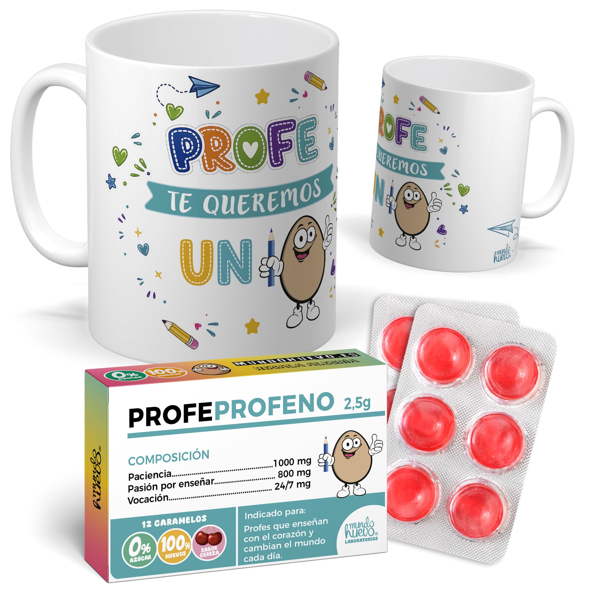 Mundohuevo Taza Personalizada PROFE TE Queremos UN Huevo 350 ml + Caramelos de Broma PROFEROFENO 12 sztuk