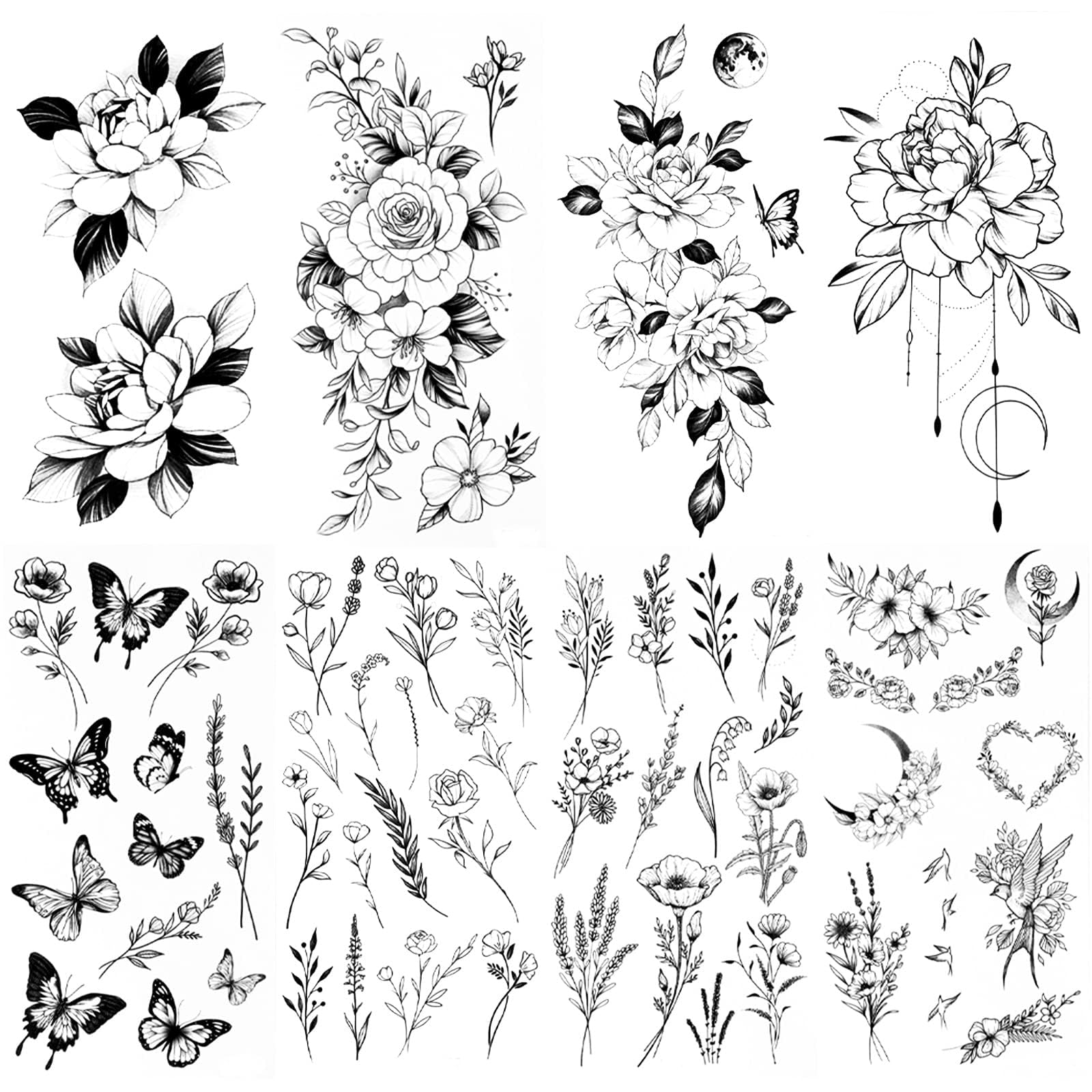 8sheets Temporary Tattoos for Women Flowers Wild Plant Butterfly Large and Small Floral Transfer Fake Tattoos Gifts for Women