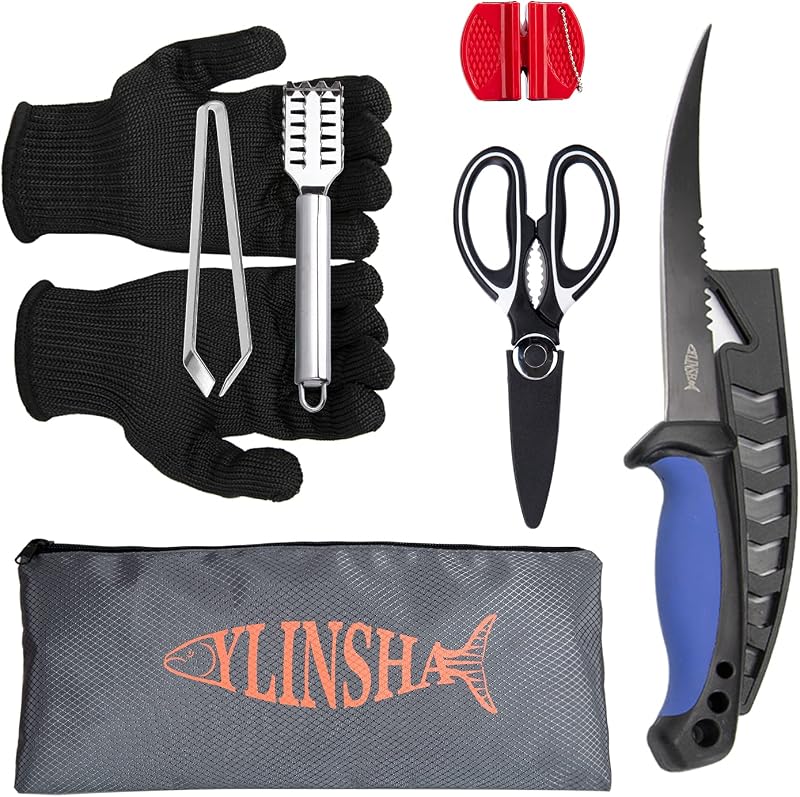 Cuchillo de pesca, kit de limpieza de pescado, juego de 7 piezas con cuchillo de pescado, cepillo de limpieza de escamas de pescado, tijeras multifuncionales, guantes anticorte, pinzas de espina de pescado, bolsa de almacenamiento
