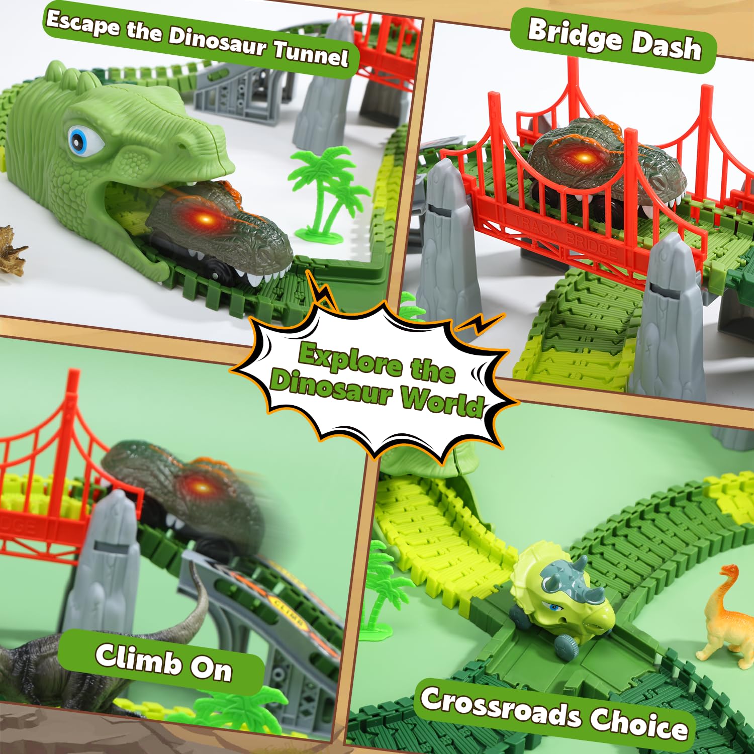 EagleStone Dinosaurier Rennbahn Set – 225 Teile Flexible Rennstrecke, 1 elektrisches Dino Auto mit Licht, 8 Dino Figuren, Dino Tunnelkopf, Weihnachts Geburtstagsgeschenk für Kinder von 3 bis 8 Jahren