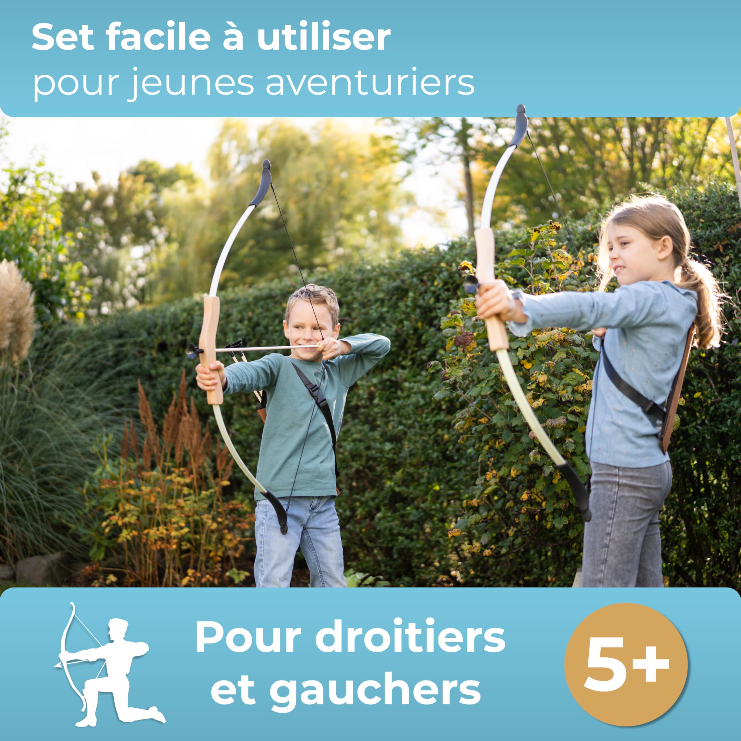 BOWRILLA® Arc et Flèches Enfant en Bois - Jouet Enfant dès 5 Ans avec 10 Flèches, Carquois, 3 Cibles et Sac