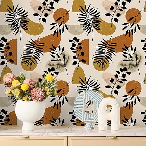 Miniatura 5 de VEELIKE Papel tapiz geométrico bohemio para despegar y pegar, papel tapiz abstracto de hojas para paredes, estantes, armarios, 17.7 x 118 pulgadas,