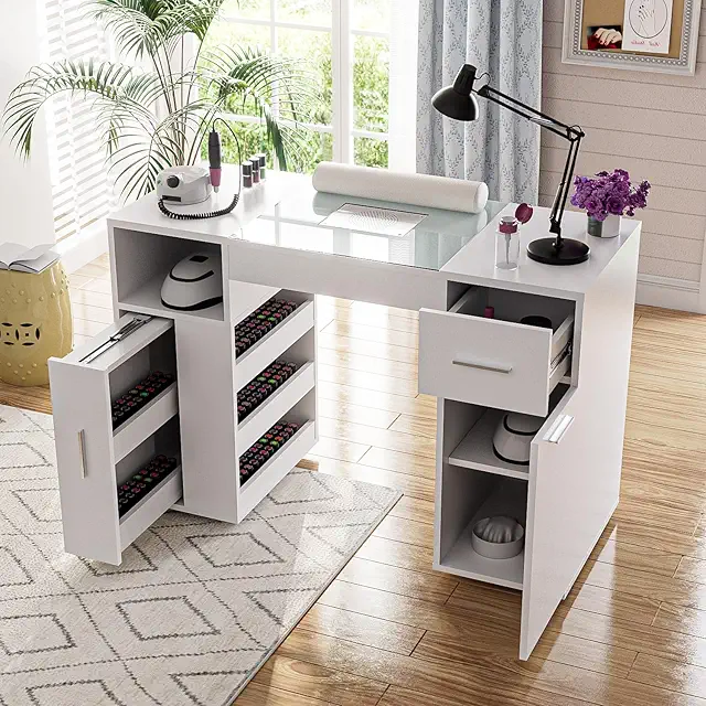 Portable Nail Desk with Dust Collector & Storage - White Glass Top