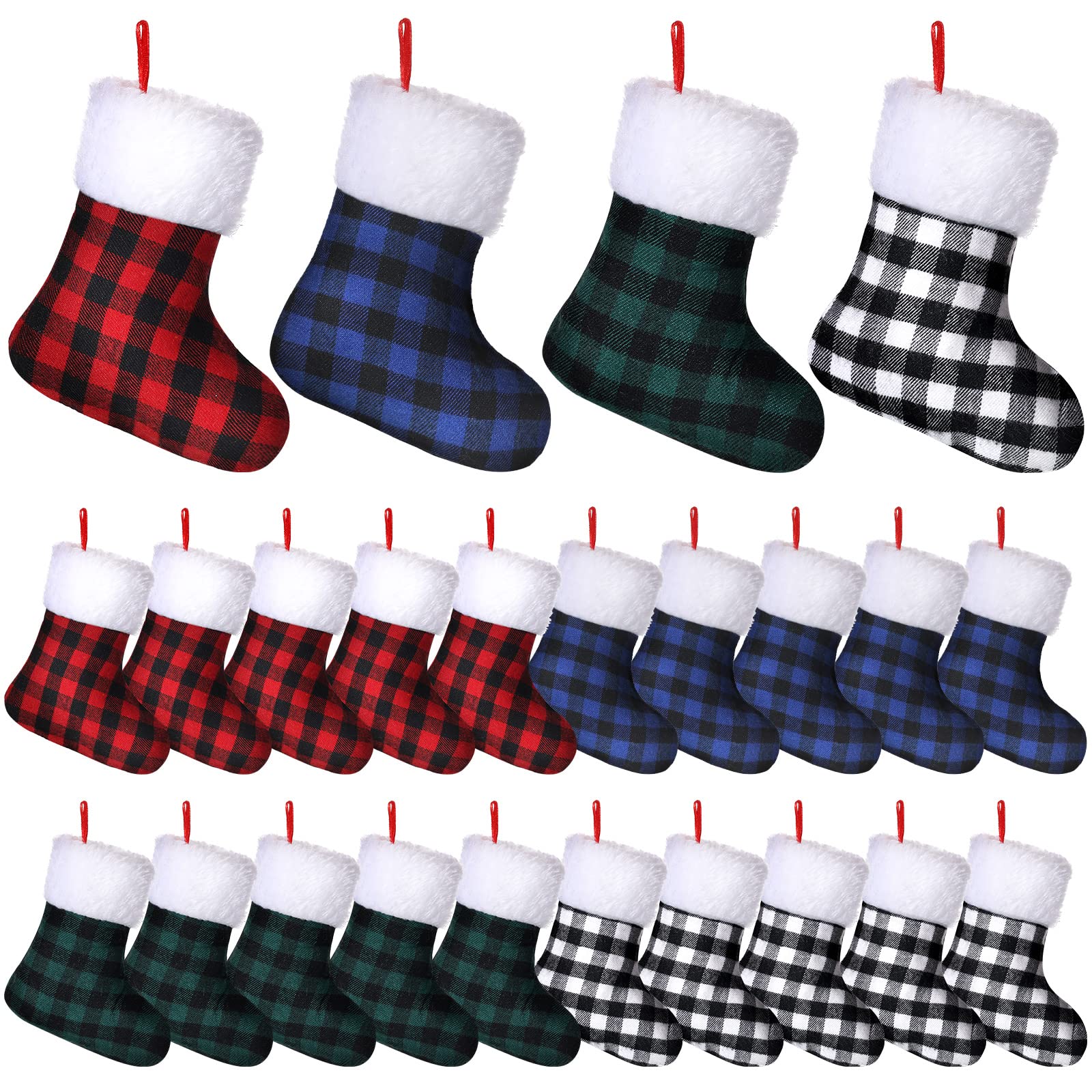 Photo 1 of 24 Pieces Small Christmas Stockings Mini Xmas Buffalo Plaid Stocking Holiday Stocking with Plush Cuff Christmas Tree Ornaments (Black and White, Red and Black, Green and Black, Blue and Black)
