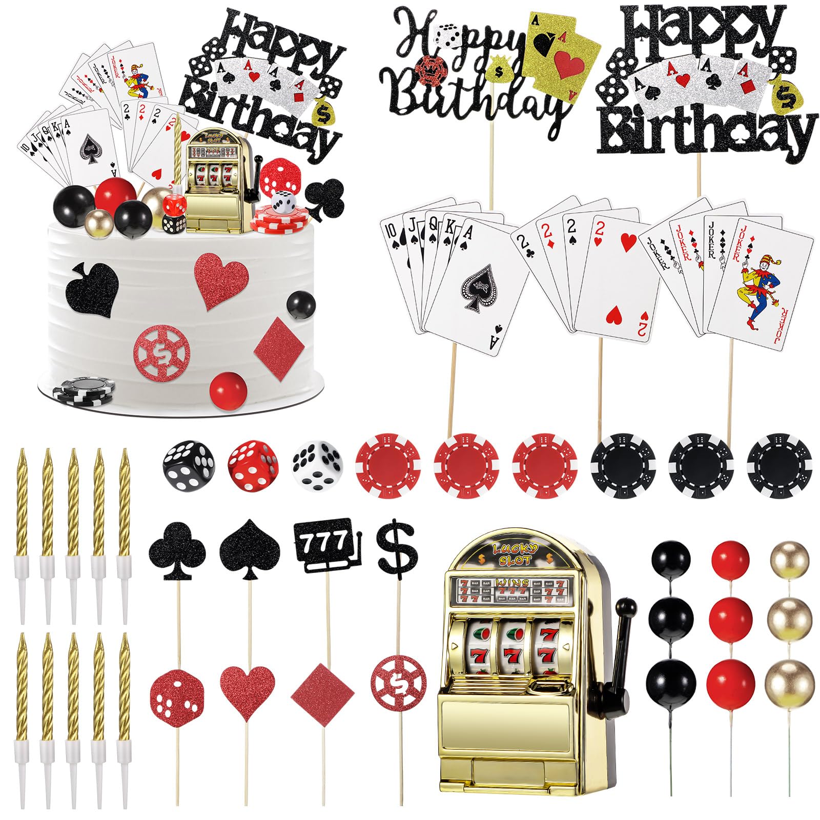 Photo 1 of Beeveer 42 Pcs Casino Cake Topper Decorations with Candles Poker Game Chips Player Happy Birthday Cake Pick Set for Las Vegas Scene Birthday Party Decoration