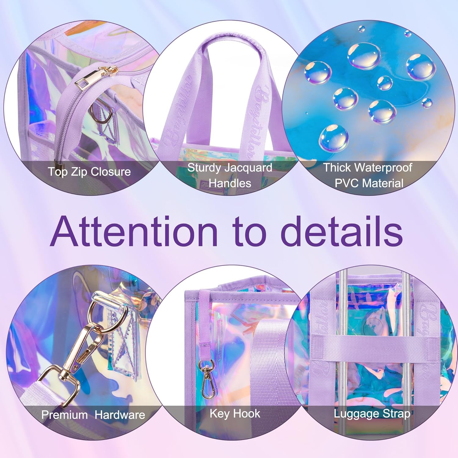 Iridescent Beach Tote Bags for Women, Large Zipper Beach Pool Swim Bag with Makeup Bag & Waterproof Phone Pouch | Waterproof Sandproof, Adjustable Strap, Packable, Foldable, Travel Tote Bags, Vacation Essentials, Gift for Women - Image 9