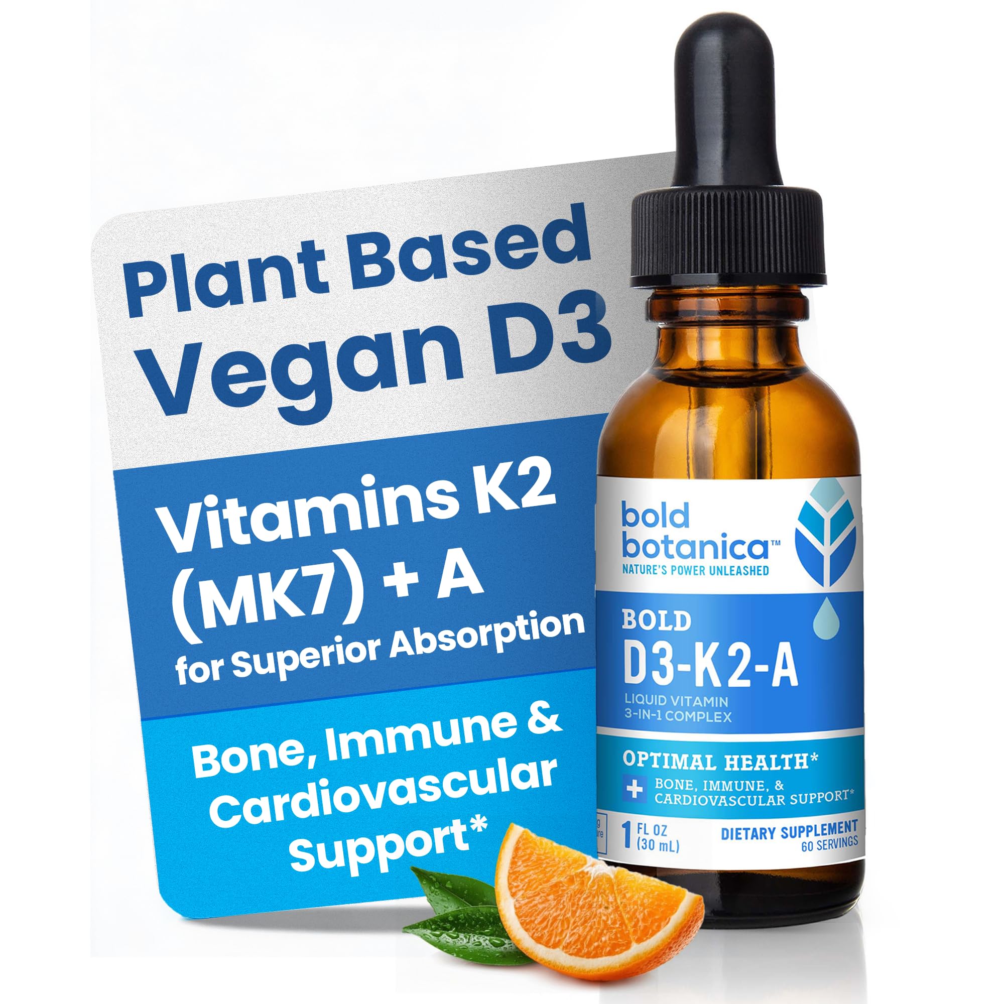 D3 K2 A Liquid Vitamin Drops, Vegan, Bone & Immune Support, 60 Serving