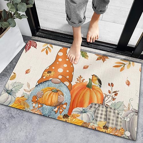 Bath Rugs Entrance Non Slip Front Door Mat Gnome Fall Pumpkin Thanksgiving Kitchen Carpets Maple Leaf Vintage Floor Mats for Bathroom Bedroom Living