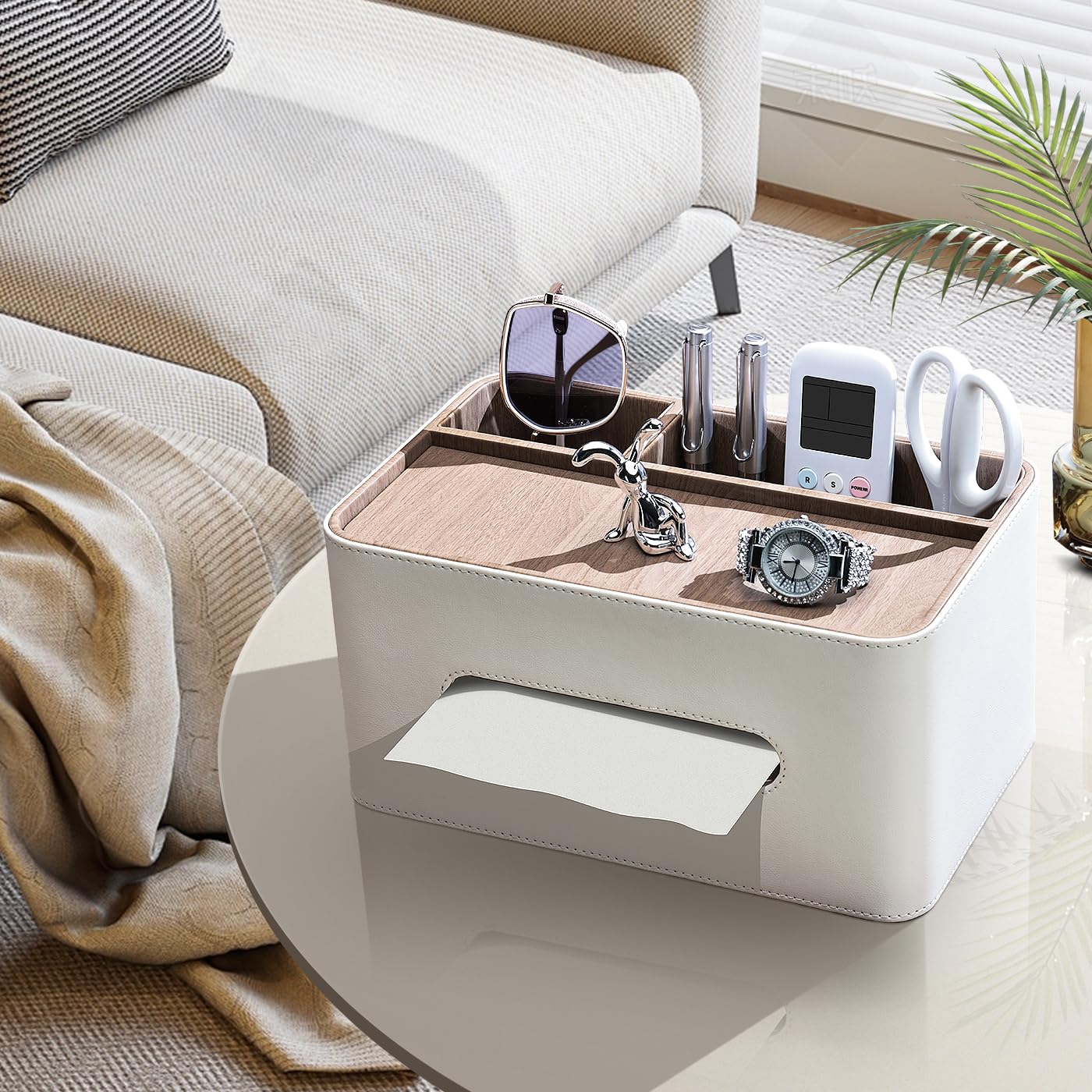 Boîte à Mouchoirs En Cuir Avec Rangement 2-en-1 - Organisateur De Bureau élégant Et Pratique Pour Maison & Bureau (Noir)