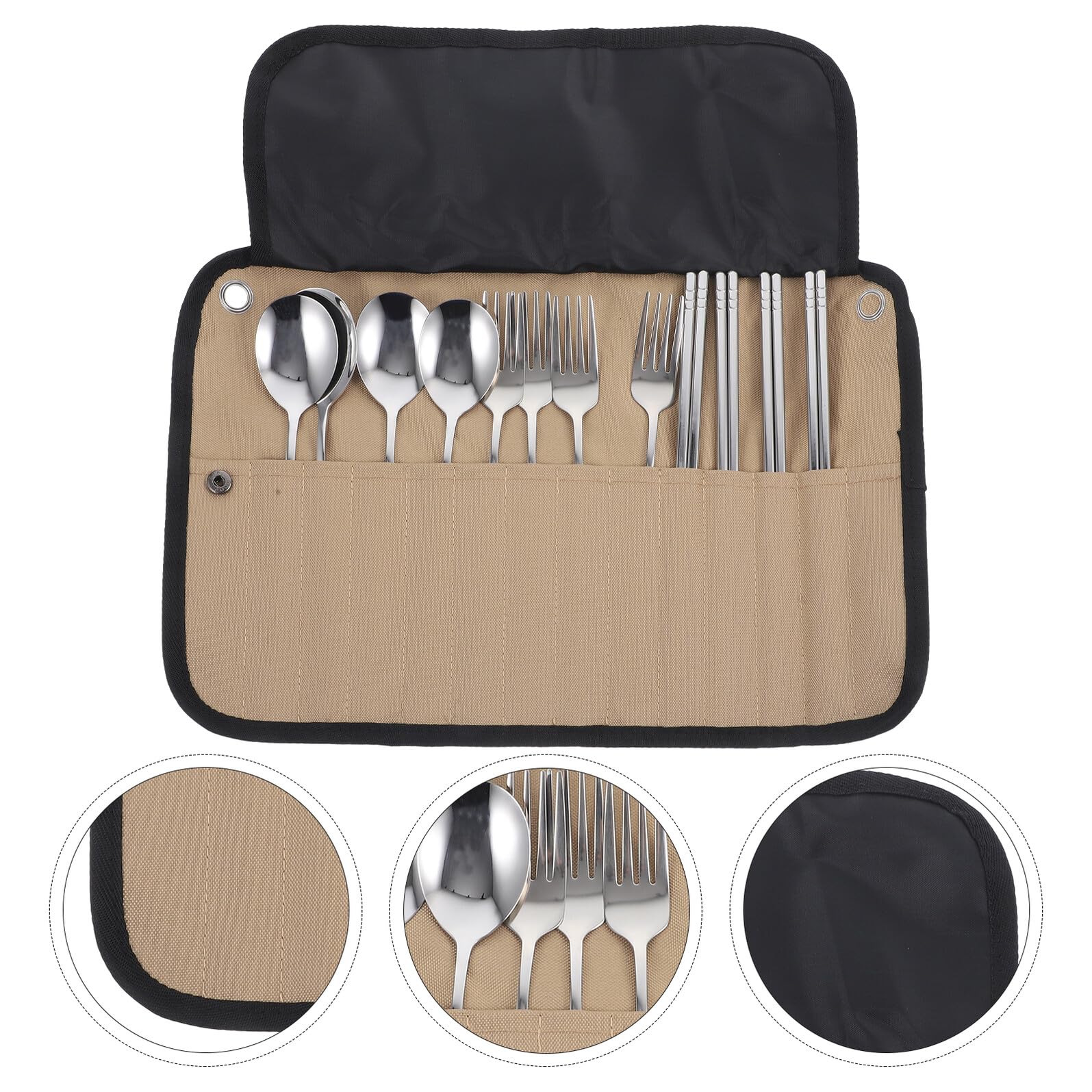Hohopeti Campinggeschirr mit Rollbarer Tasche Leichtes Besteck Edelstahl Polierte Kanten Multifunktional für Picknick Outdoor Reisen Inklusive Gabel Löffel Messer Tragbar und Robust