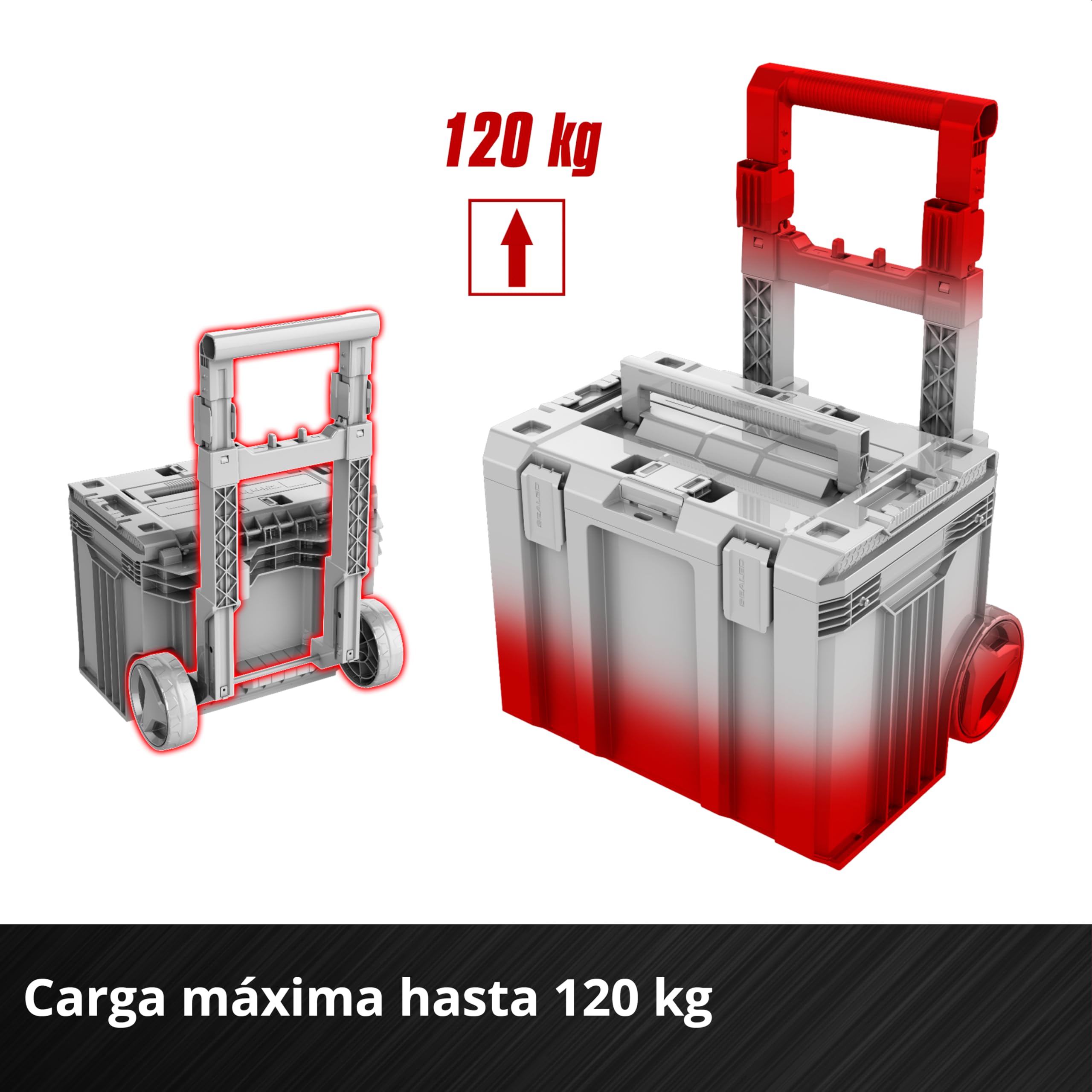 Original Einhell E-Case L SEALED (sistema E-Case, máx. 120 kg, a prueba de polvo + a prueba de chorros de agua, asa de trolley, compatible con E-Case Half Size, extensible, 44 x 40 x 36 cm)