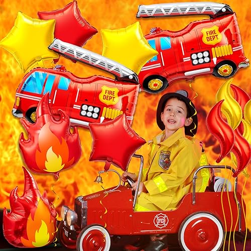 Miniatura 5 de Glimin Juego de 18 globos de camión de bomberos, 4 globos de llama de papel de aluminio, 2 globos de bomberos, 6 globos de fuego, 6 globos de