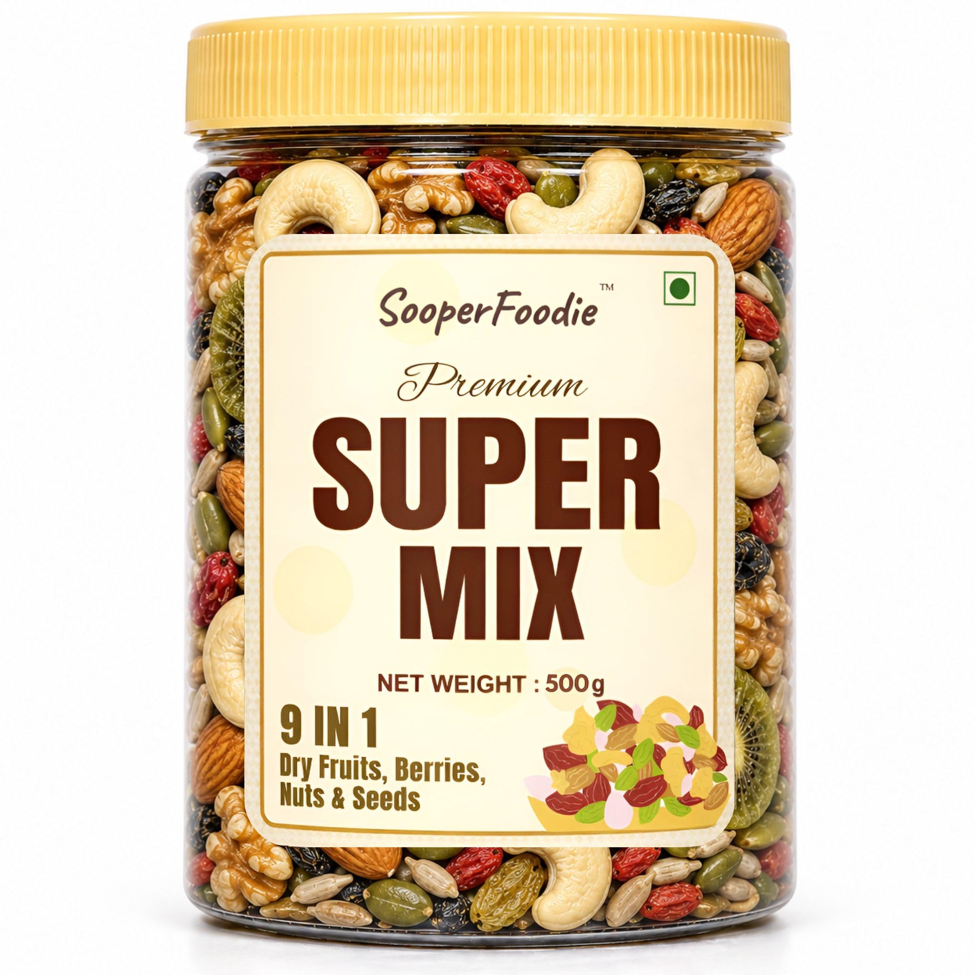 SooperFoodie Premium SUPER MIX, 500g | (9 in 1) mix of Dry Fruits, Nuts, Seeds & Berries | No Added Sugar | Almonds, Walnuts, Cashews, Roseberry, Dry Kiwi, B&G Raisins, Pumpkin & Sunflower seeds-image-19