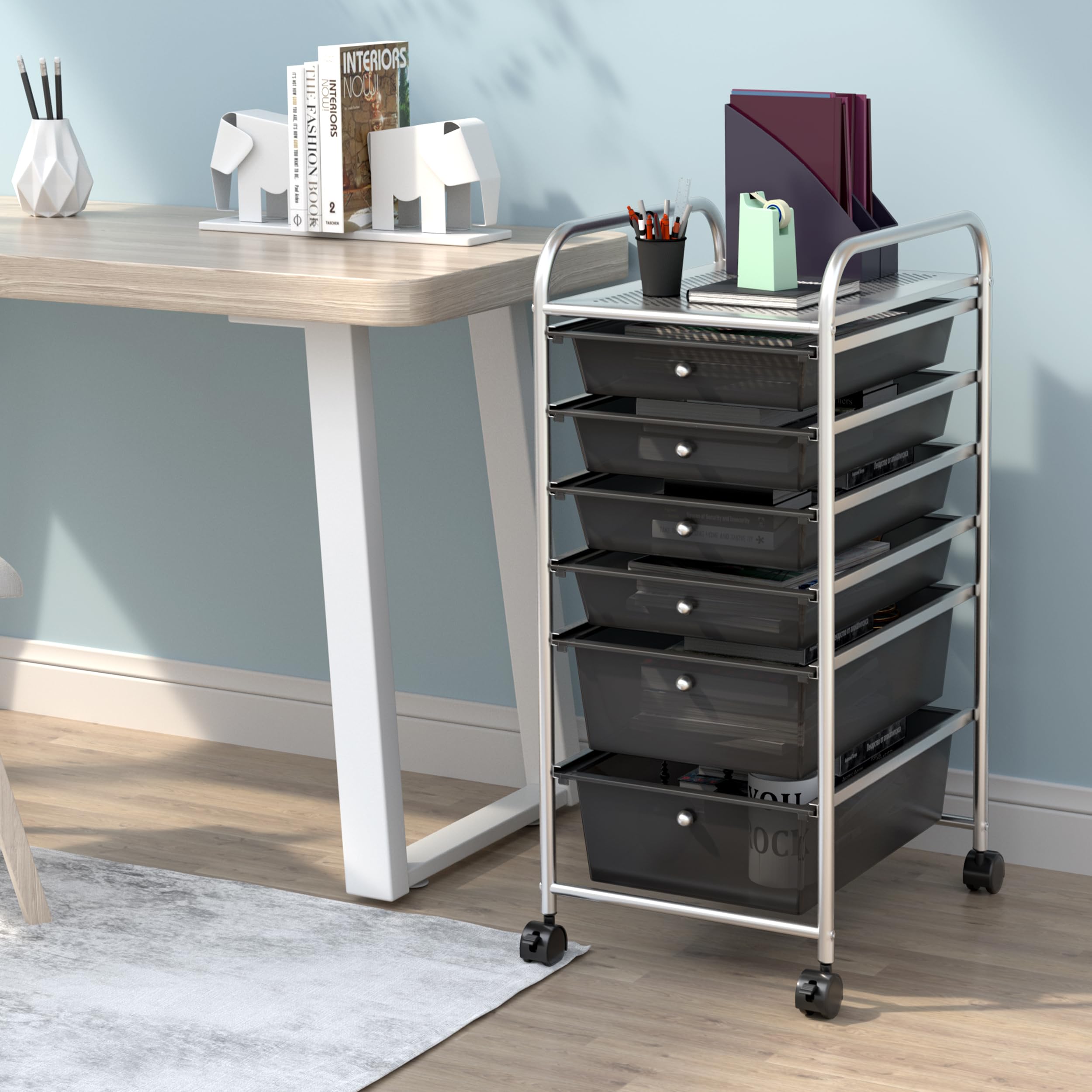 GIANTEX 6 Tiroirs Chariot de Rangement, Tour de Rangement Bureau sur roulettes, Desserte à roulettes Verrouillables avec Cadre Métal, Idéal pour Bureau, Salon, Chambre (Noir)