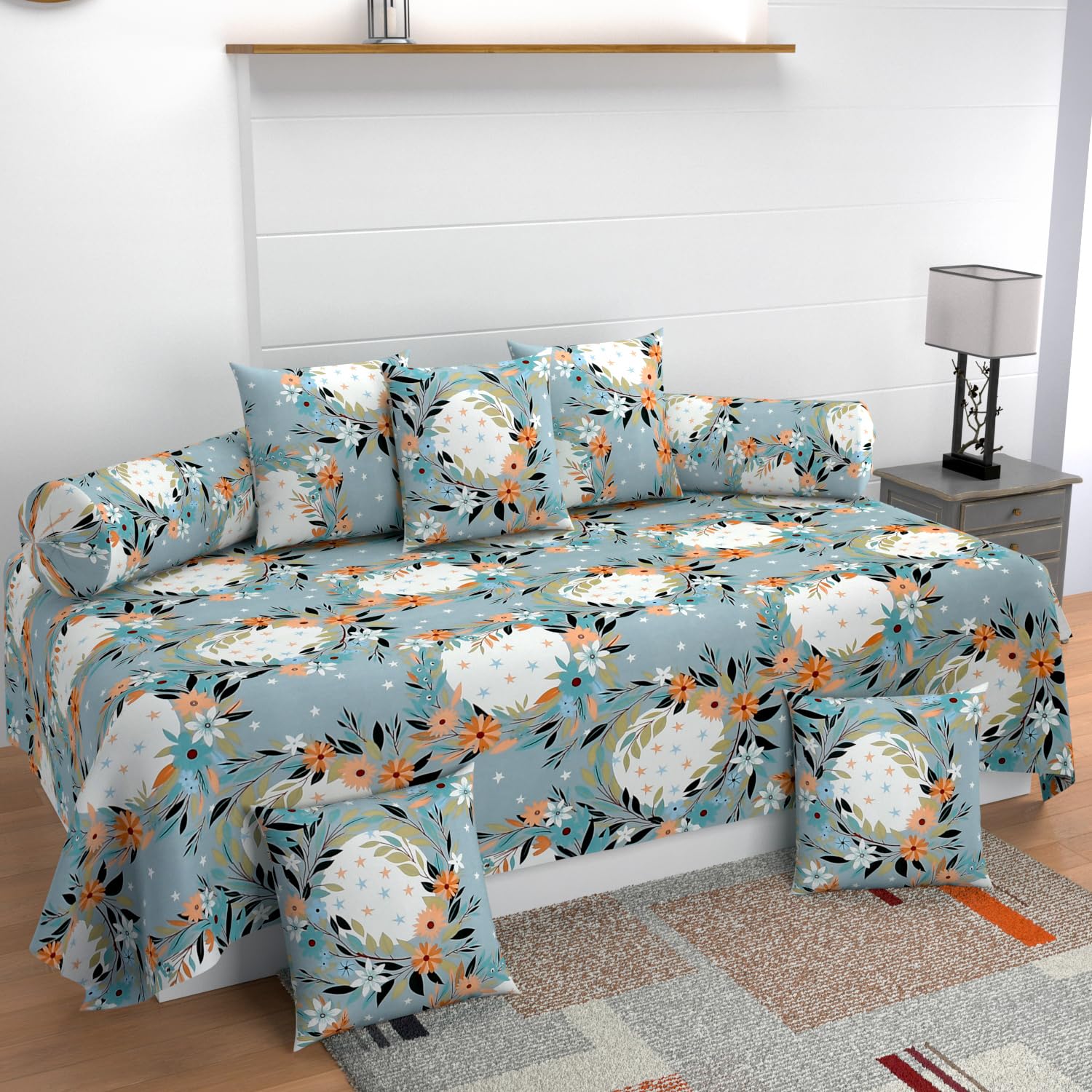 MANIQATEX Floral Print Diwan Set Cover with 5 Cushion Covers and 2 Bolster Covers, Light Blue-image-48