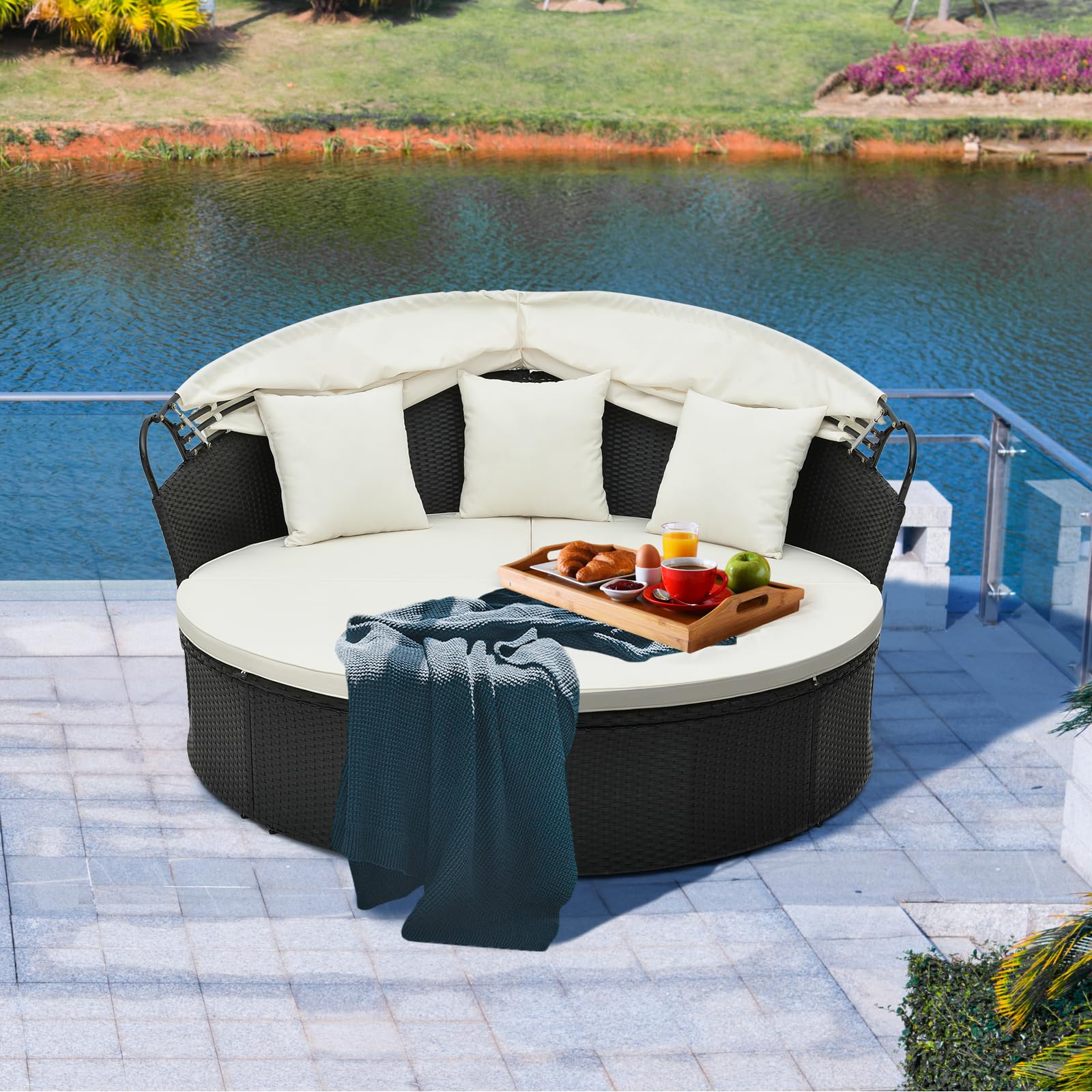 COSTWAY Tumbona Isla de Ratán Jardin, Toldo Plegable, Isla de Ratán con Cojines y Almohadas, Protección UV, Cama Isla Exterior (Blanco)