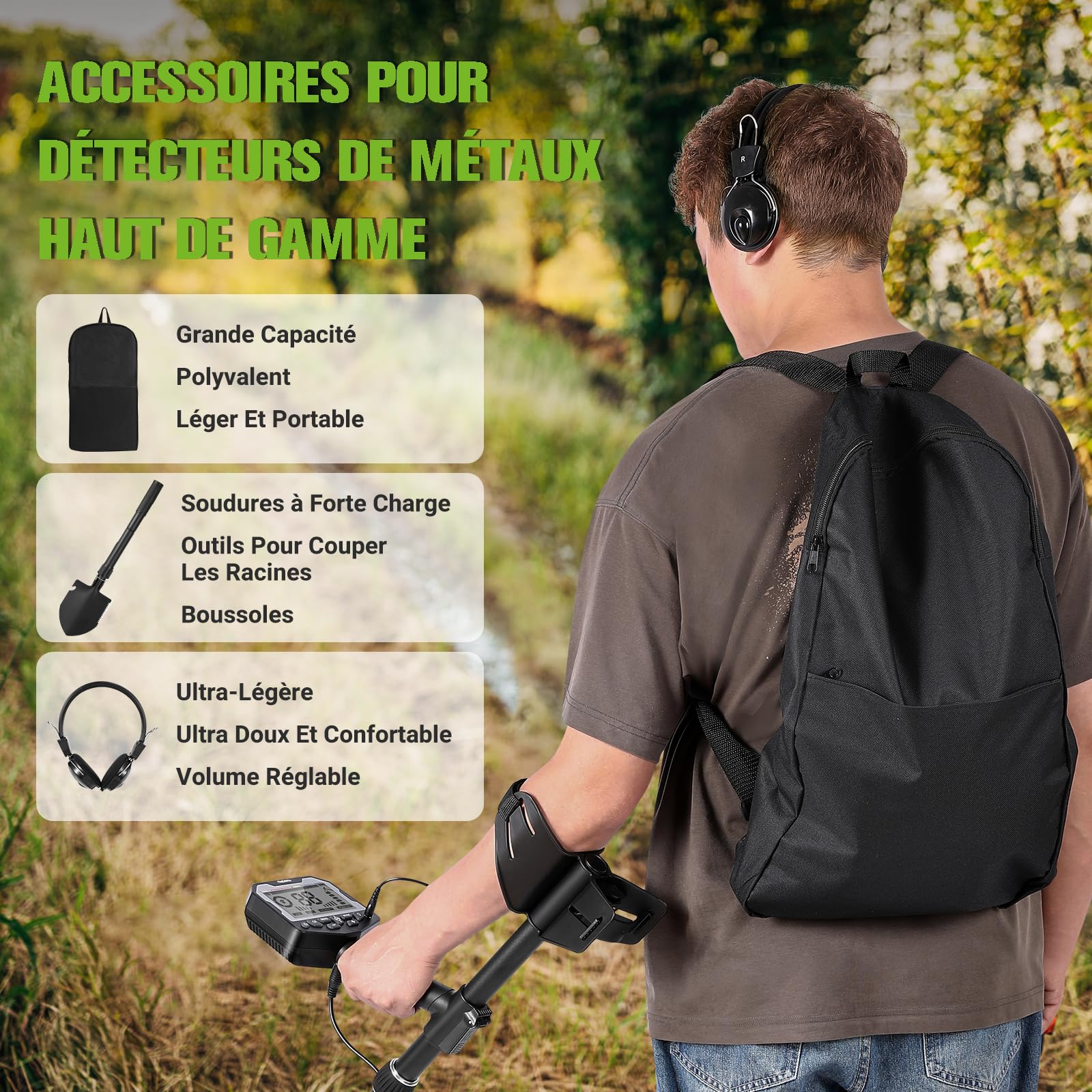 Detector de Metales,Metal Detector para Niños y Adultos 5 Modos IP68 Waterproof Coil Detector de Metales Profesional con Auriculares, Pala Excavadora y Mochila