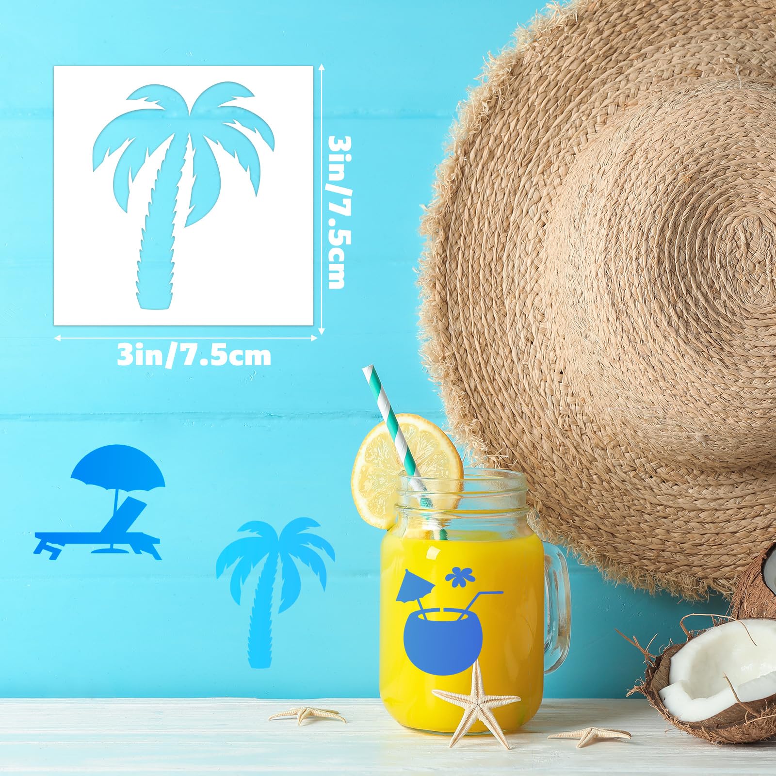 70 Stencil Oceanici Per Pittura - 7,5x7,5 Cm - Maschere In Plastica Con Tema Spiaggia, Palme E Creature Marine - 6