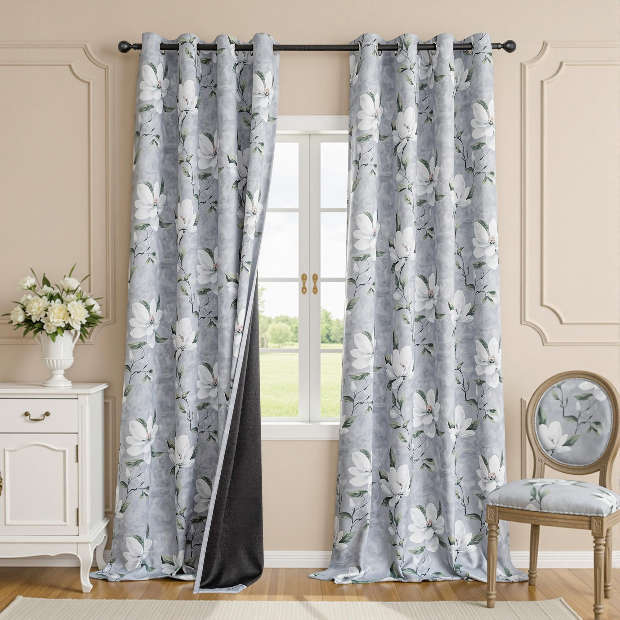 MYSKY HOME Floral 95% Blackout Curtains 102 Inch Length 2 Panels Light Grey