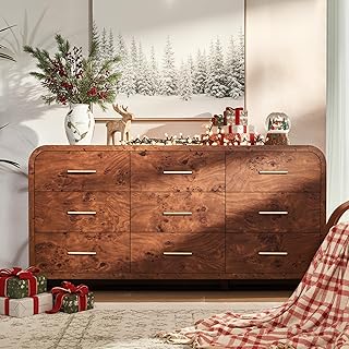Curved 9-Drawer Dresser for Bedroom, 63" Wide Modern Chest of Drawers, Vanity Desk TV Stand for Living Room, Closet Storage Drawers Organizer Furniture, Nursery, Hallway, Dark Burl