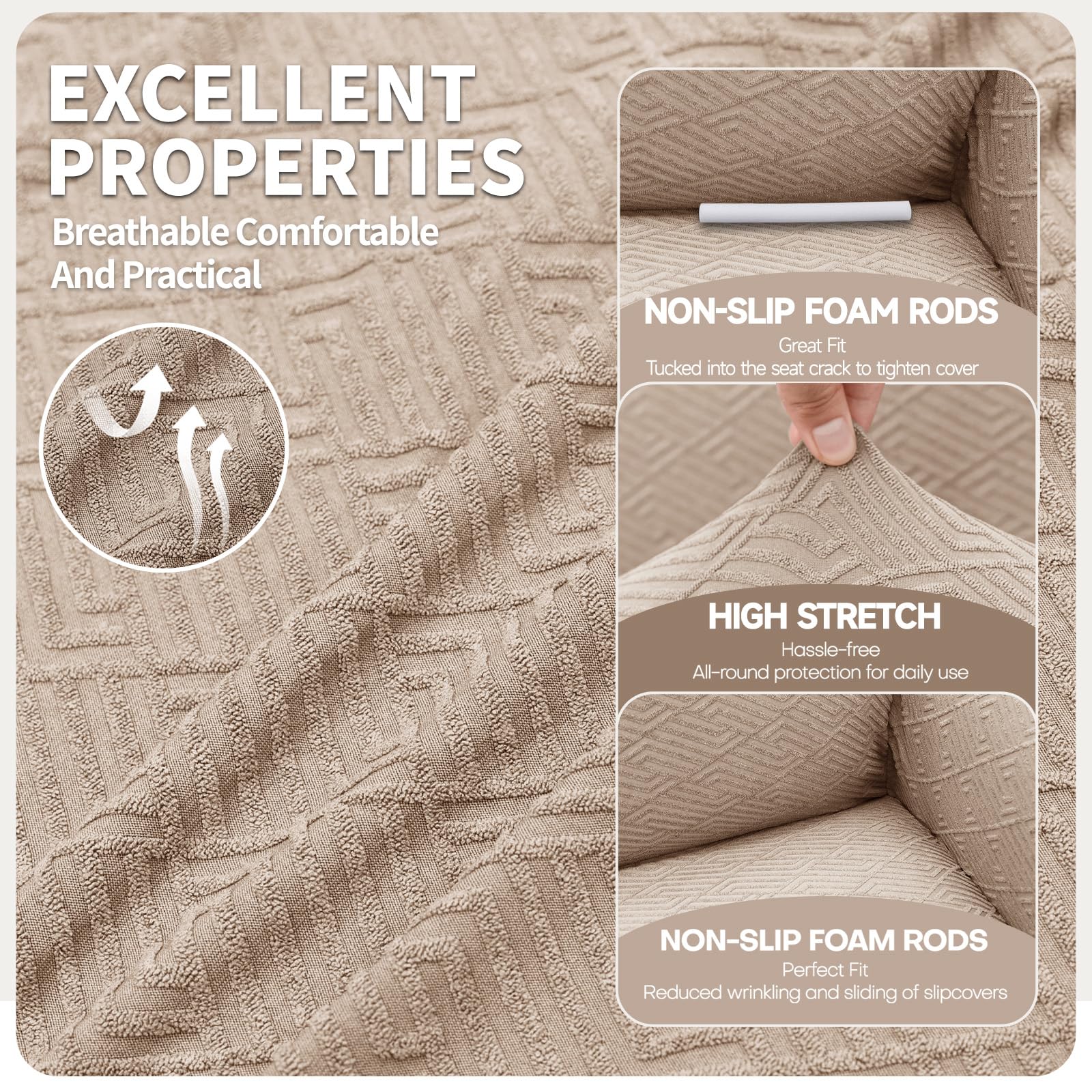 YSTELLAA Stretch Bankhoes 3 Zits, Universele Bankhoezen Met Armleuningen, Elastische Sofahoes Voor Woonkamer, Krasbestendig Sofa Meubelhoes Voor Huisdier Vriendelijke, Beige