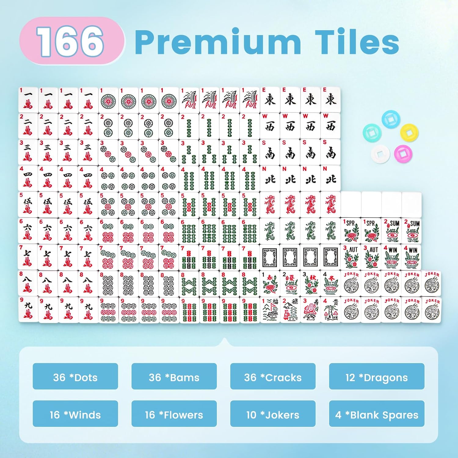 American Mahjong Tile Set, 166 1.2 inch Mahjong Game Set with Carrying Bag/Dice/Chips, Mah Jongg Tiles Sets Portable Travel, Ideal Gifts for Mahjong Players