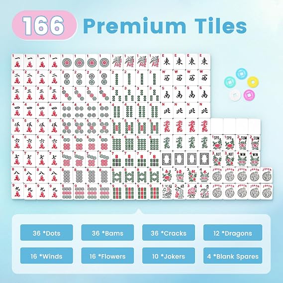 American Mahjong Tile Set, 166 Tiles 1.2 Inch Portable Travel Mahjong Game Set with Carrying Bag, Dice & Chips, Complete Mah Jongg Sets for Adults, Family Game Night & Ideal Gifts