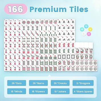 American Mahjong Tile Set, 166 Tiles 1.2 Inch Portable Travel Mahjong Game Set with Carrying Bag, Dice & Chips, Complete Mah Jongg Sets for Adults, Family Game Night & Ideal Gifts