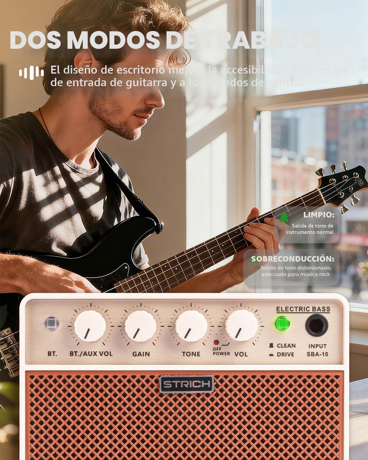 STRICH Amplificador Mini de Bajo de 2 x 5 W - Amplificador de práctica para bajo portátil y Recargable con Canales limpios y distortión, Salida de Auriculares de 1/8 para Principiantes, marrón