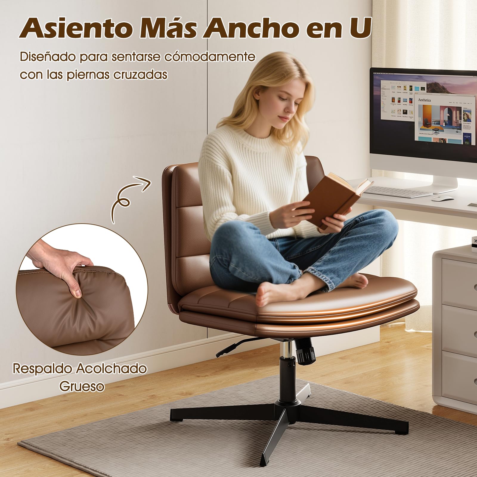 COSTWAY Silla Escritorio sin Ruedas y Reposabrazos, 88cm Silla Oficina Giratoria con Cojines, Silla Ergonómica con Asiento Acolchonado, Ajustable de Altura, para Dormitorio y Estudio (Marrón)