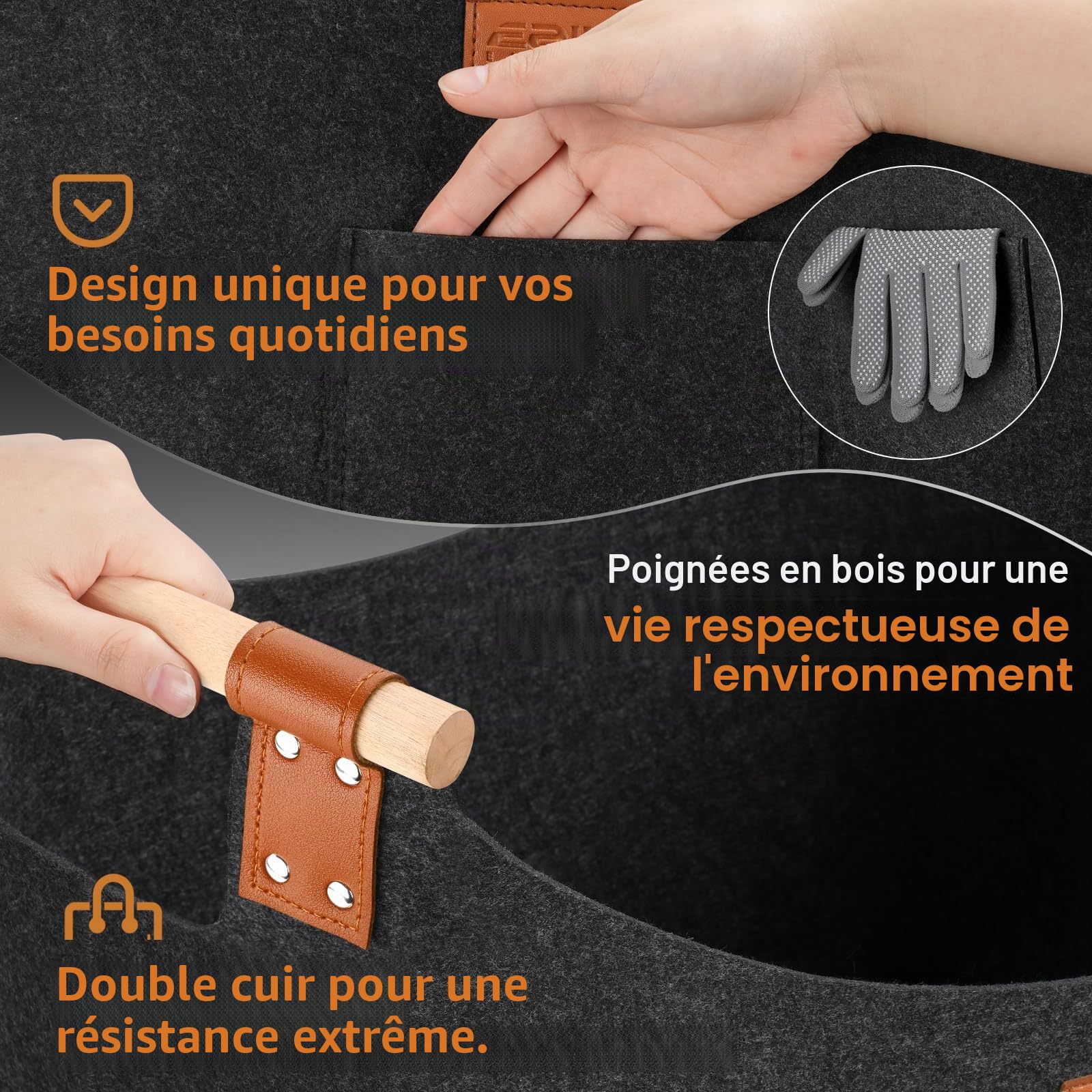 Panier à bois pour bois de cheminée - Taille XXL - Avec double cuir renforcé - 100 l - En feutre - Avec poche avant - Pliable - 60 x 40 x 40 cm