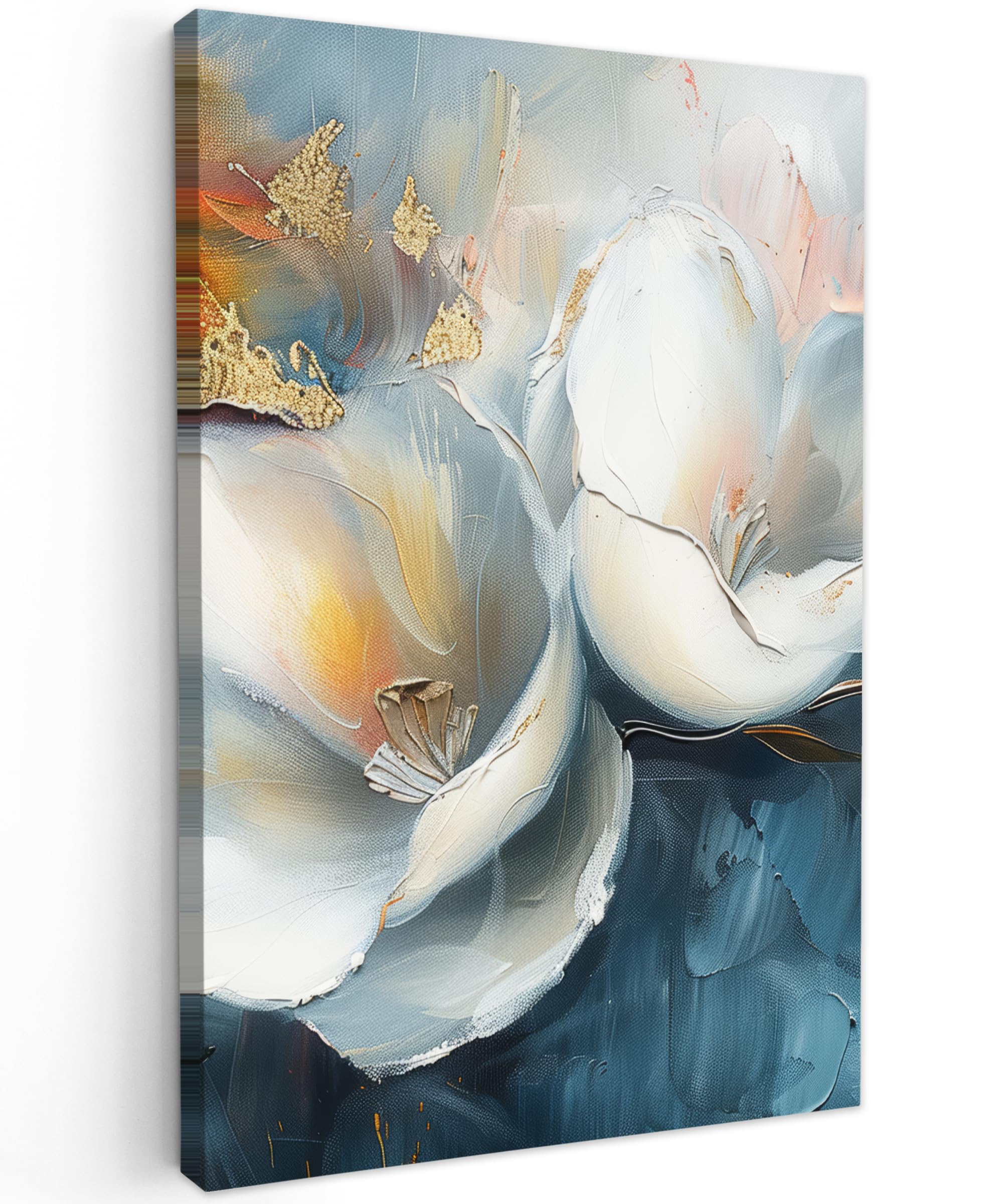 MuchoWow© Canvas Wall Art 16"x24" / 40x60 cm Decor Paintings Print framed on Canvas Pictures for Hallway Flowers - White - Gold - Art - Abstract