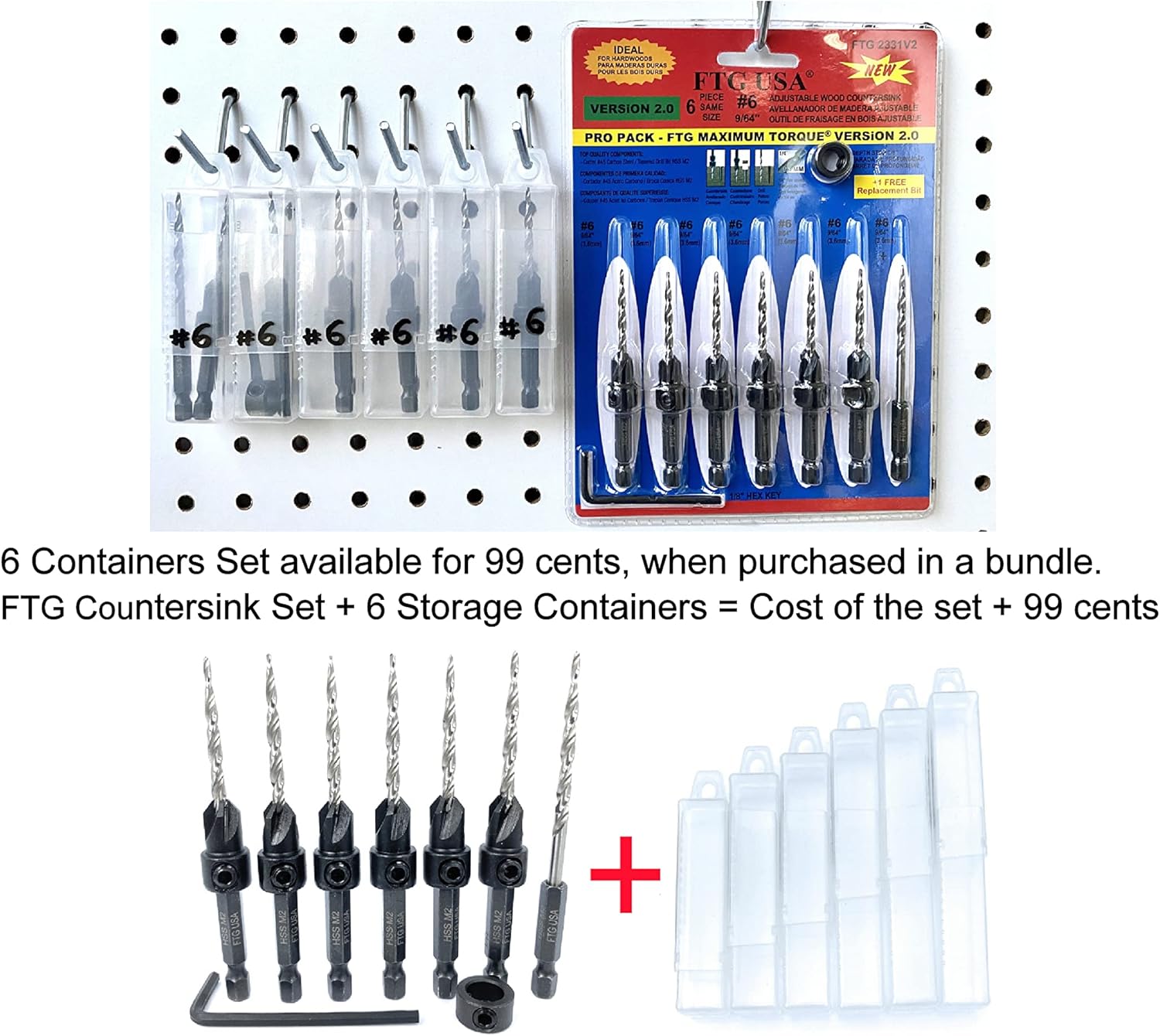 FTG USA Wood Countersink Drill Bit Set 5 Sizes Set Countersink #4, 6, 8, 10, 12 Tapered Drill Bits with Hex Shank and 6 Pc Set All Same Size #6 (9/64") with a Replacement bit, Depth Stop and Hex Key