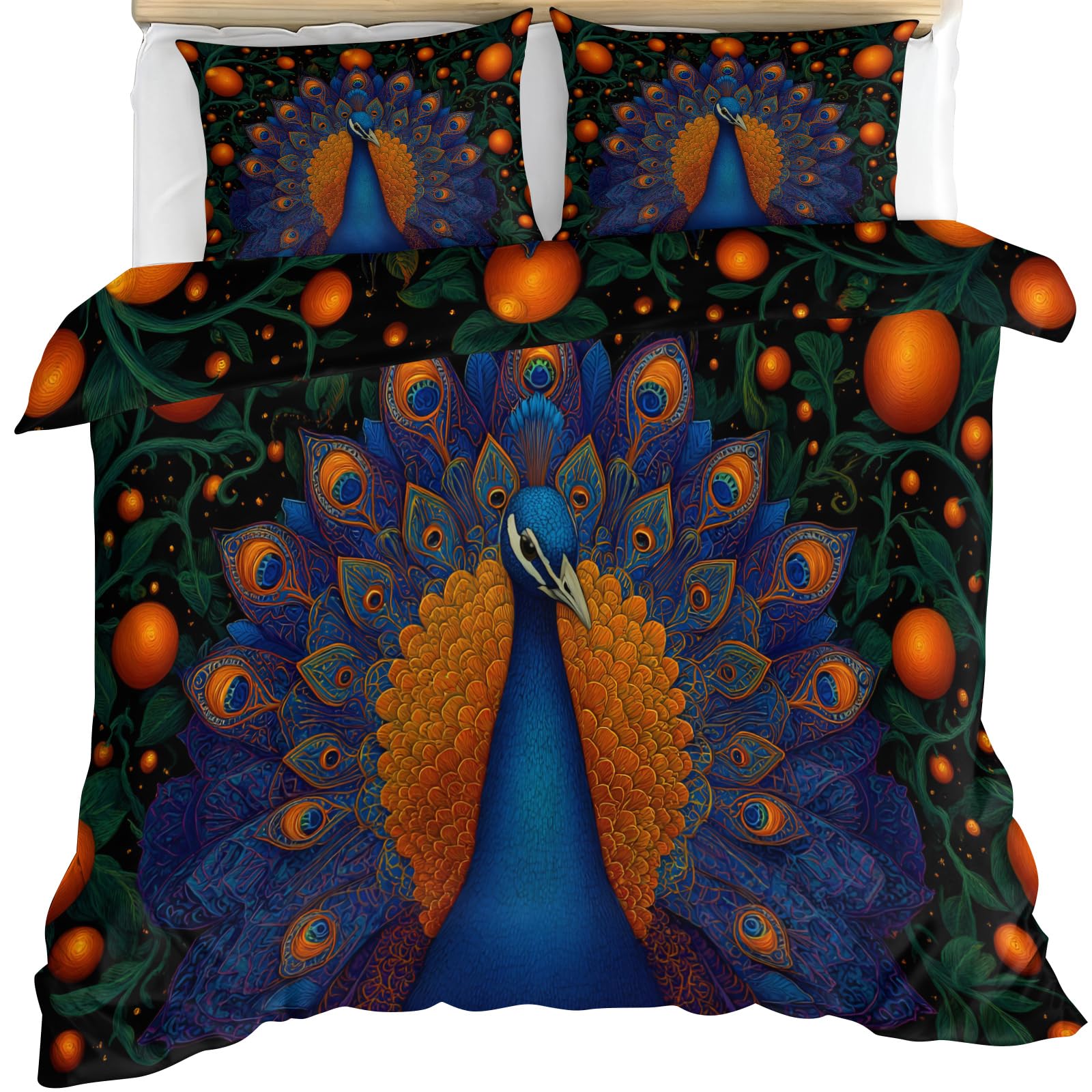 YEMYOR Peacock Comforter Cover, Vintage Peacock Feather Duvet Cover 260x220 cm, Exotic Birds Animals Bedding Set with 2 Pillowcases